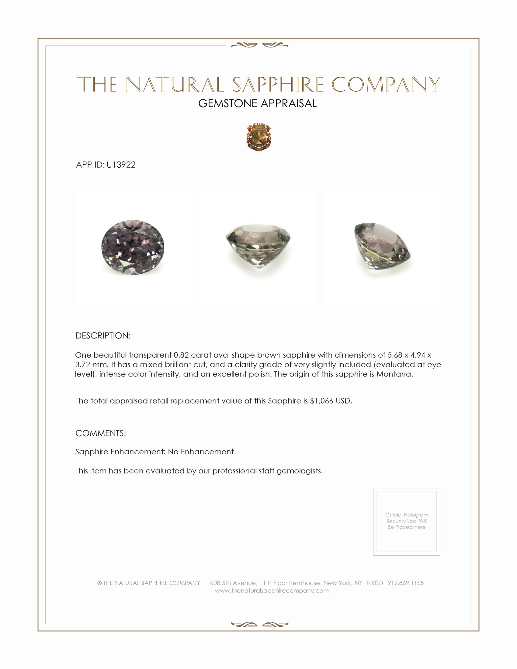 0.82 Ct. Brown Sapphire from Montana