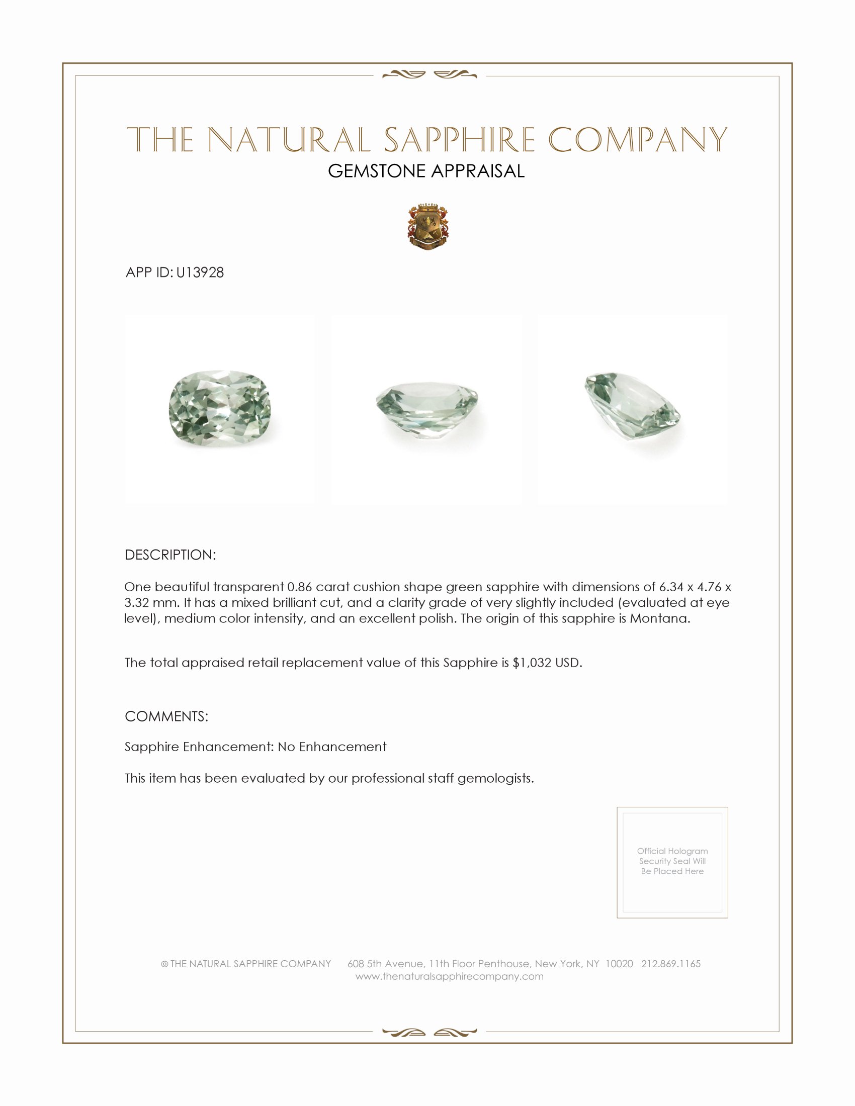 0.86 Ct. Green Sapphire from Montana