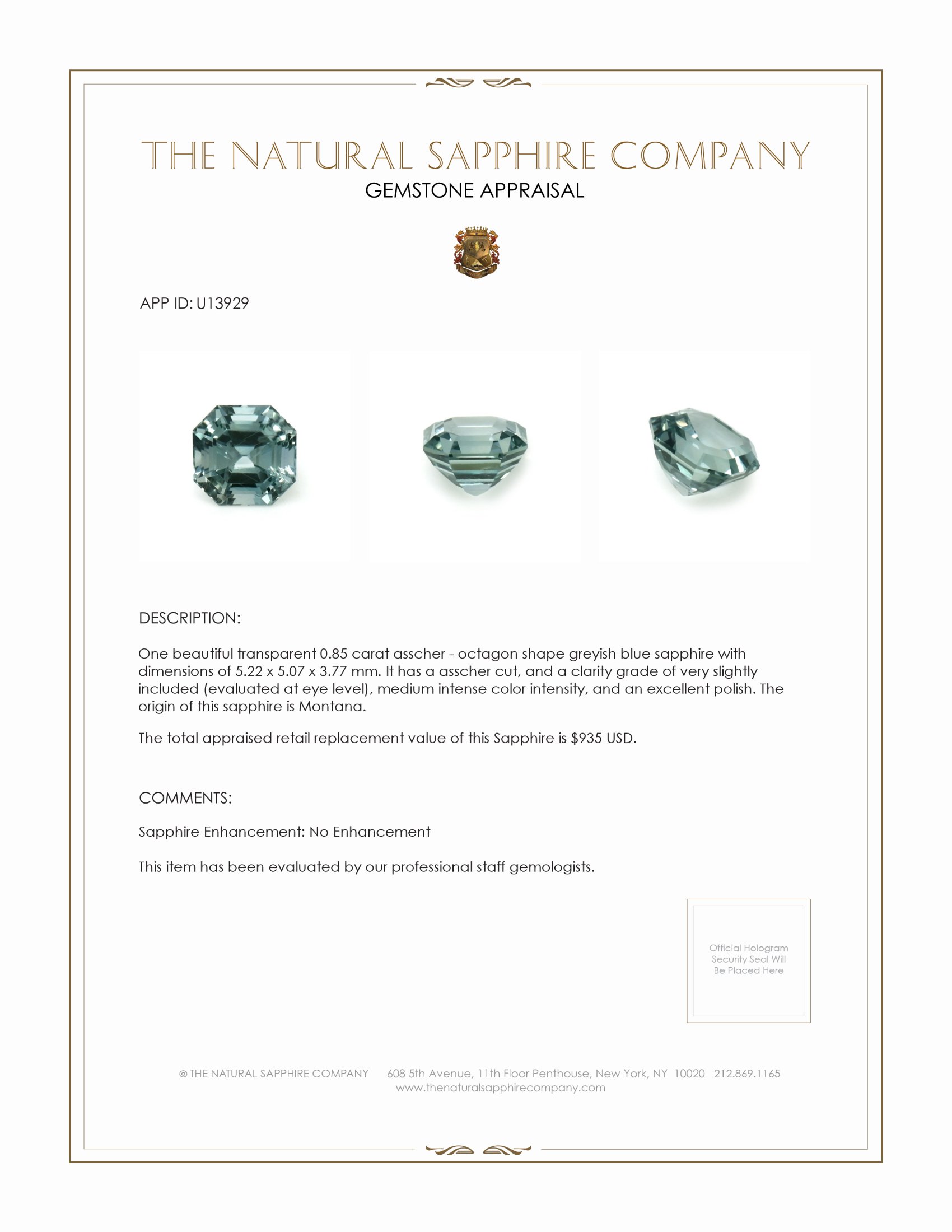 0.85 Ct. Greyish Blue Sapphire from Montana