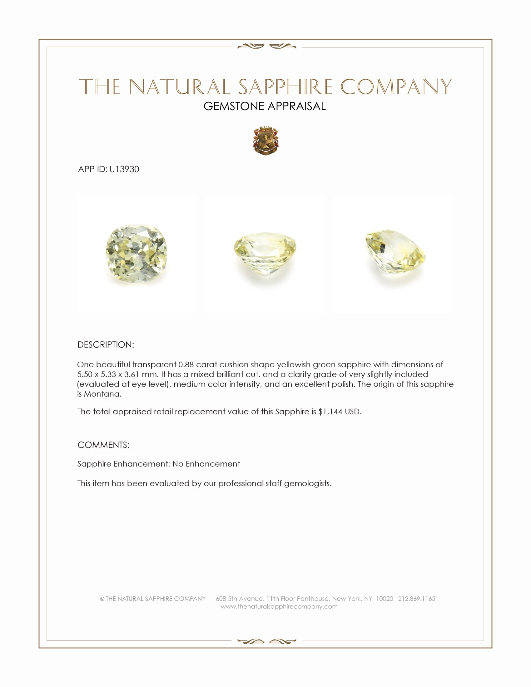 0.88 Ct. Yellowish Green Sapphire from Montana