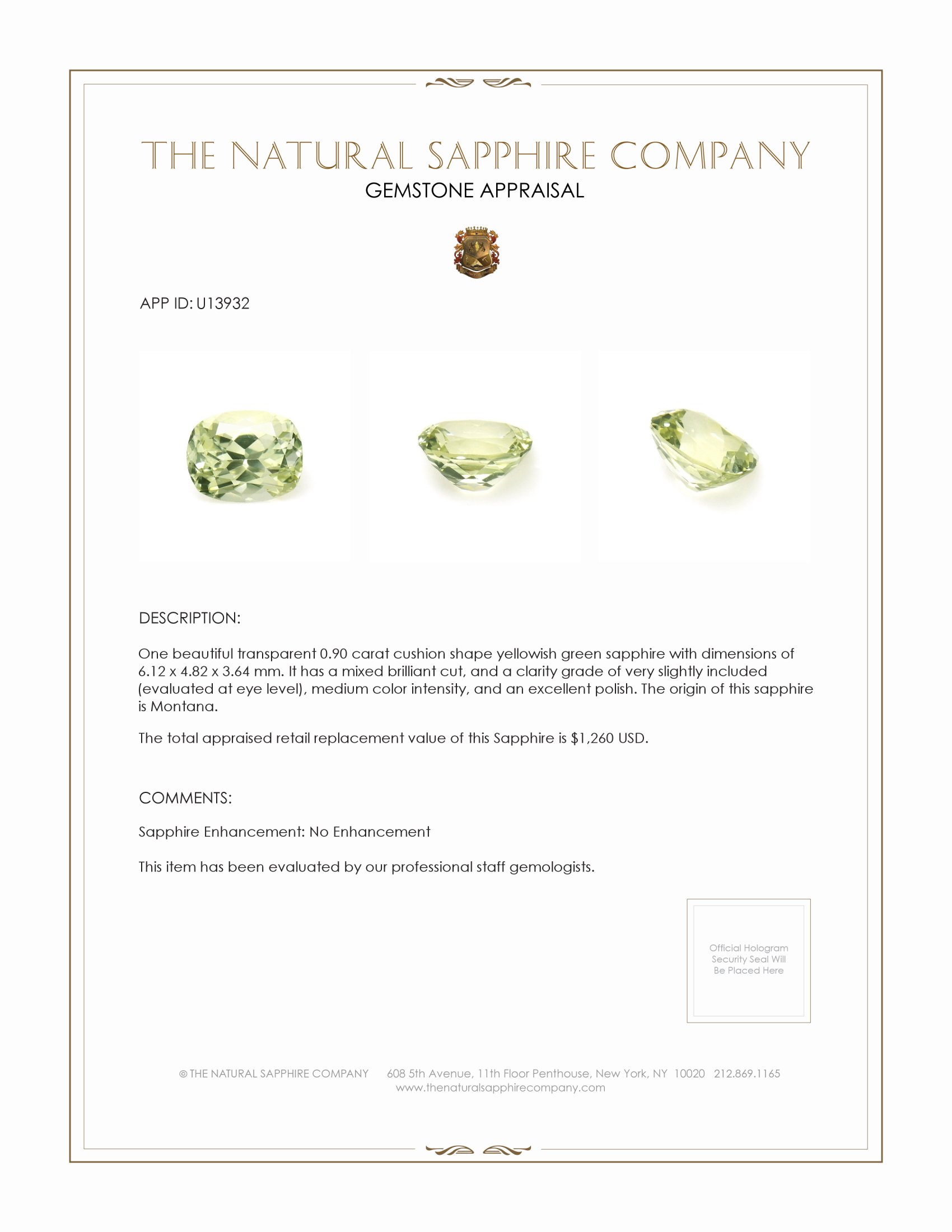 0.90 Ct. Yellowish Green Sapphire from Montana