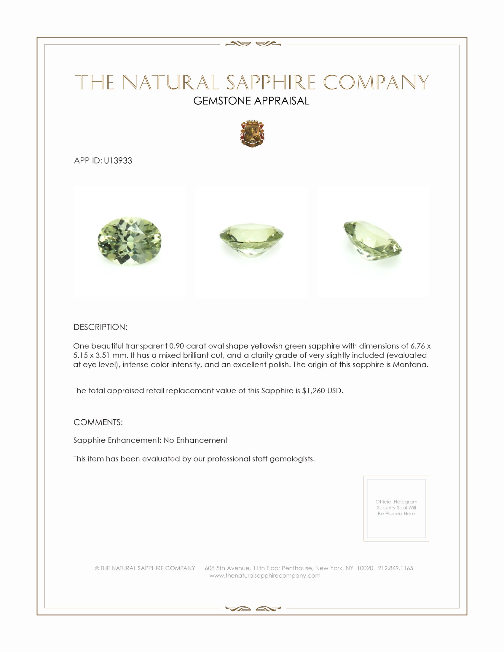 0.90 Ct. Yellowish Green Sapphire from Montana