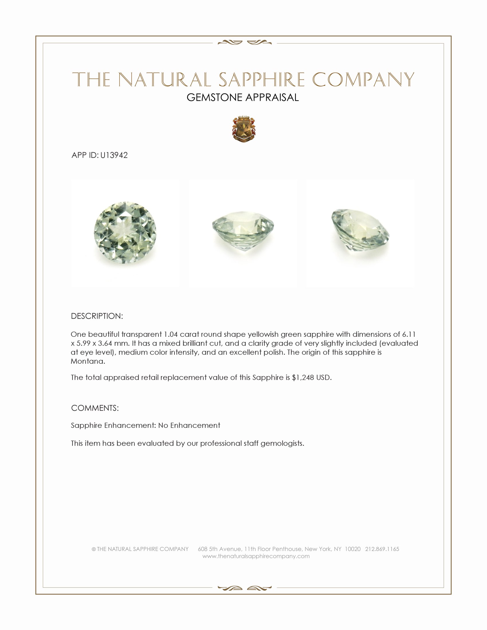 1.04 Ct. Yellowish Green Sapphire from Montana