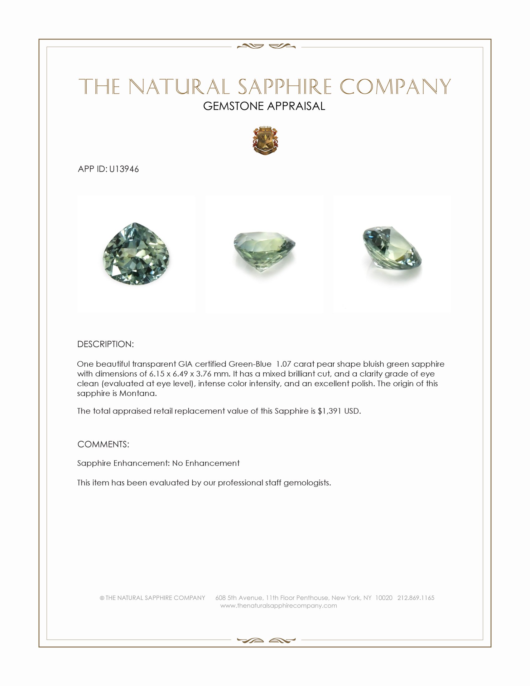 1.07 Ct. Bluish Green Sapphire from Montana