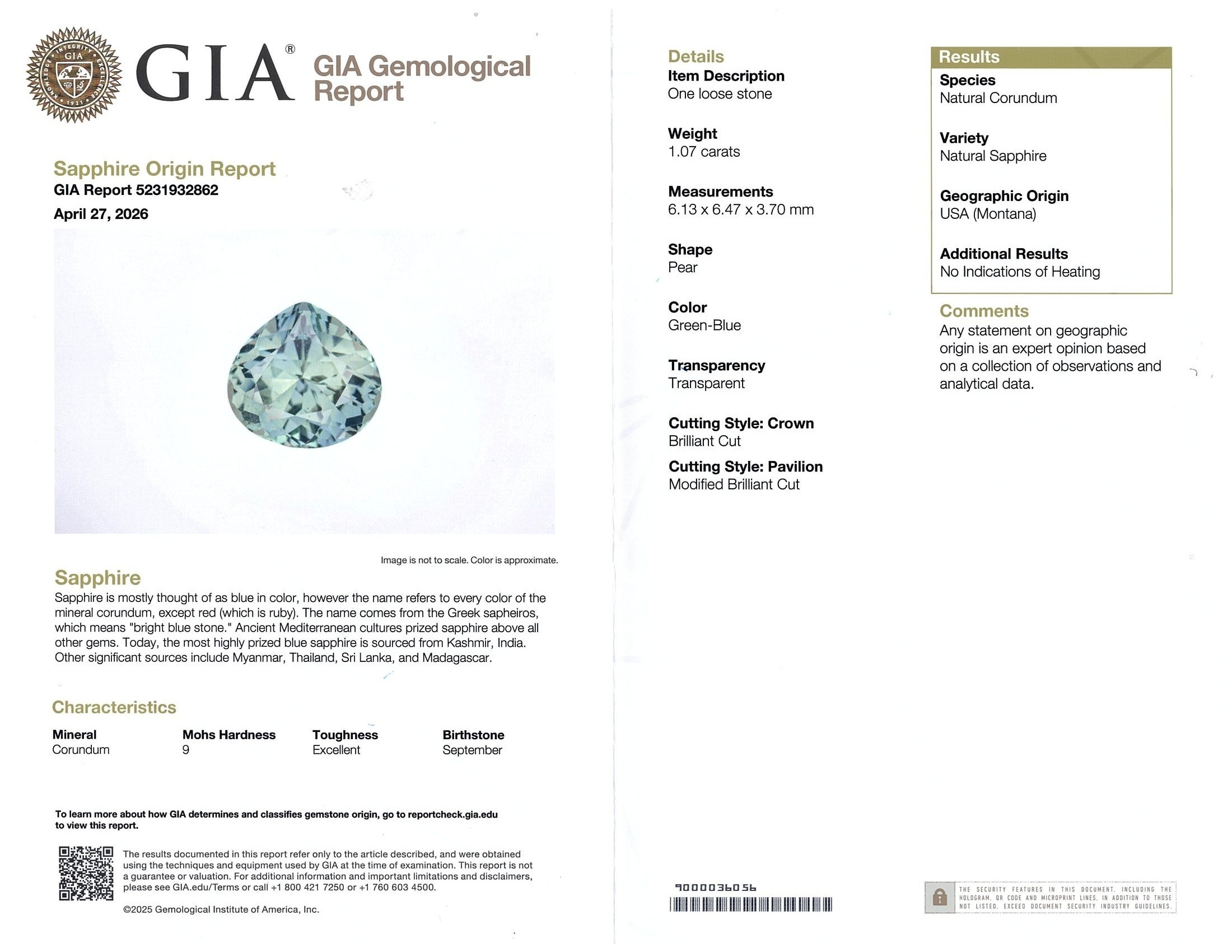 1.07 Ct. Bluish Green Sapphire from Montana