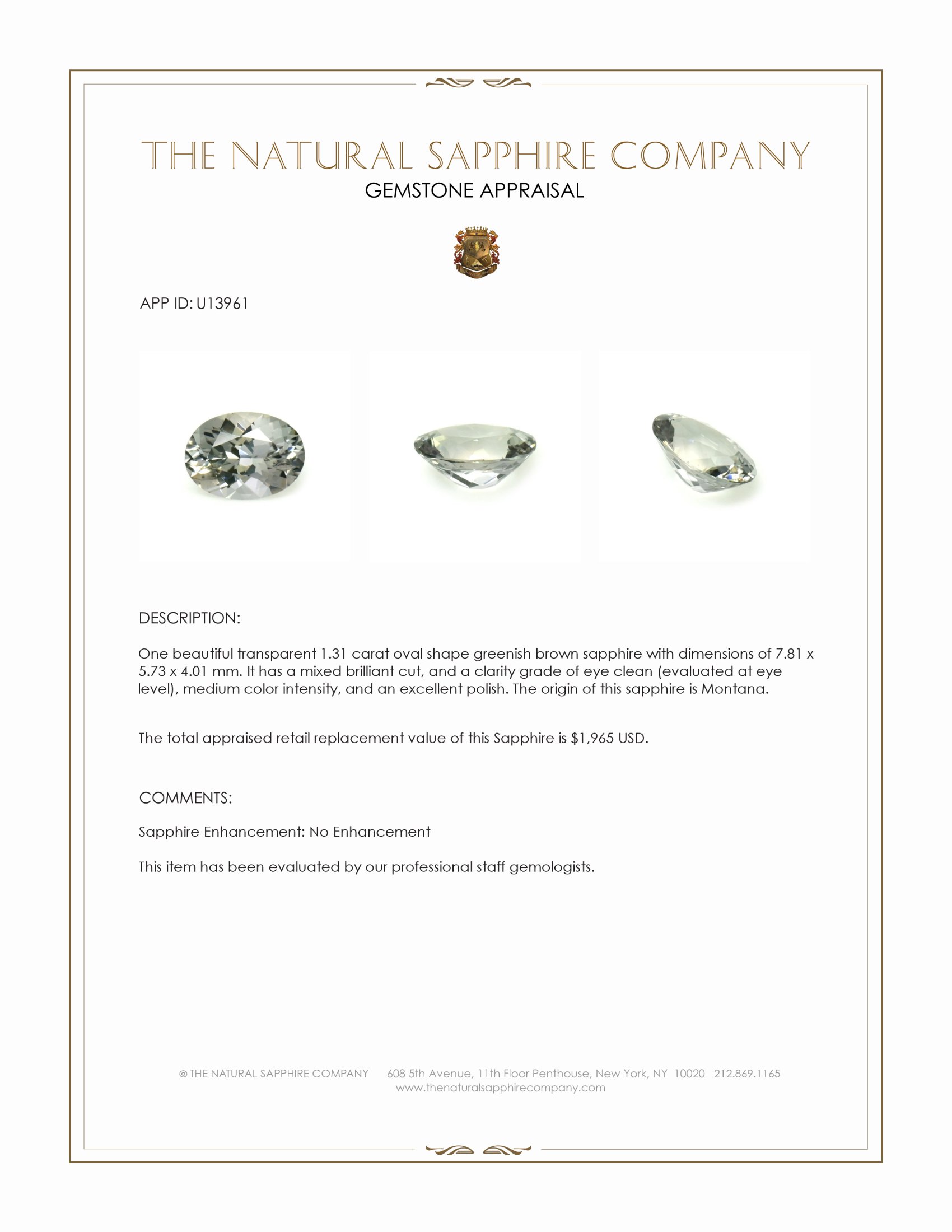 1.31 Ct. Yellowish Green Sapphire from Montana
