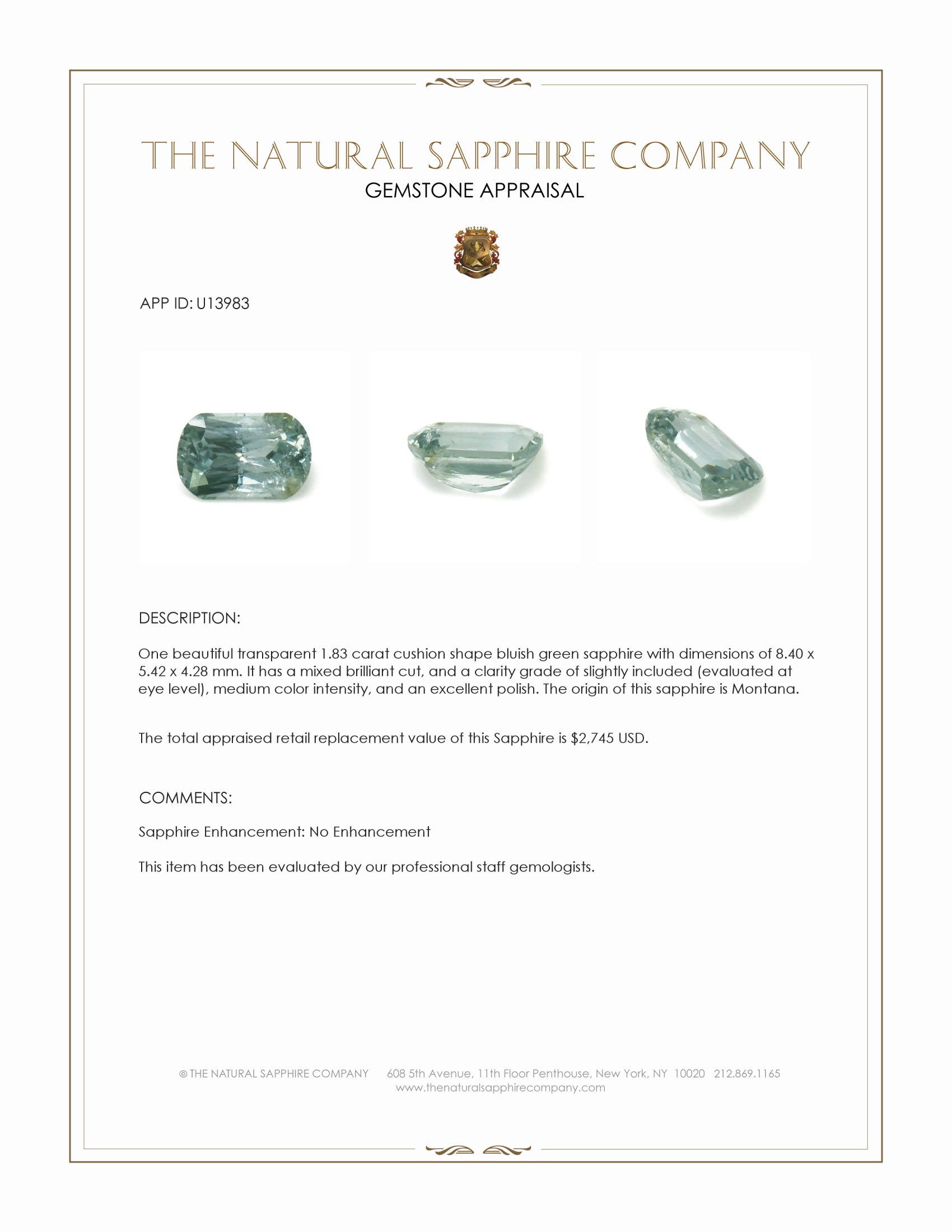1.83 Ct. Bluish Green Sapphire from Montana