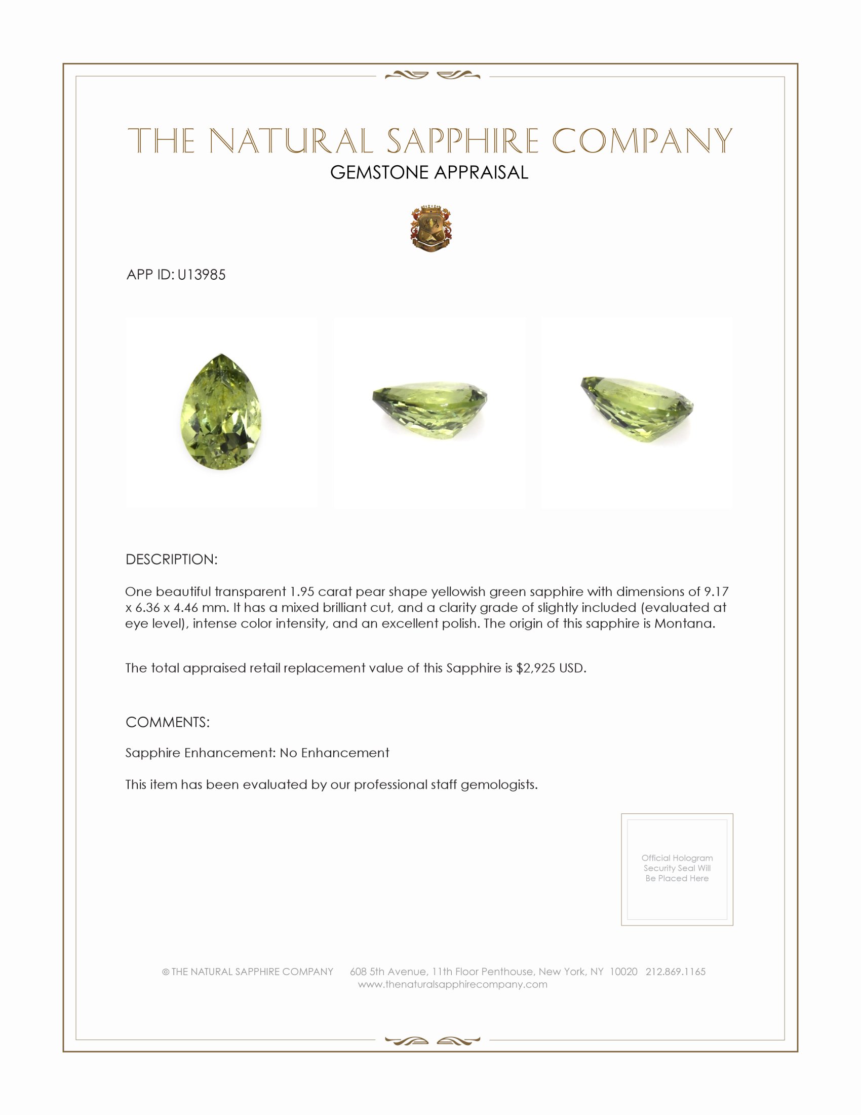 1.95 Ct. Yellowish Green Sapphire from Montana