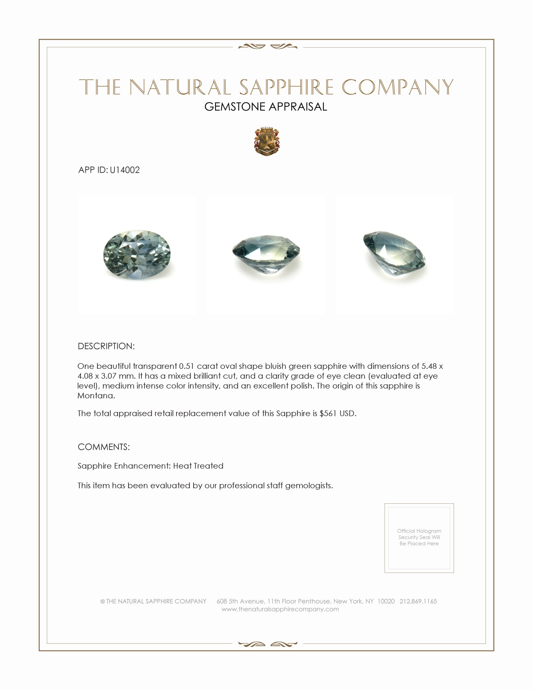 0.51 Ct. Bluish Green Sapphire from Montana