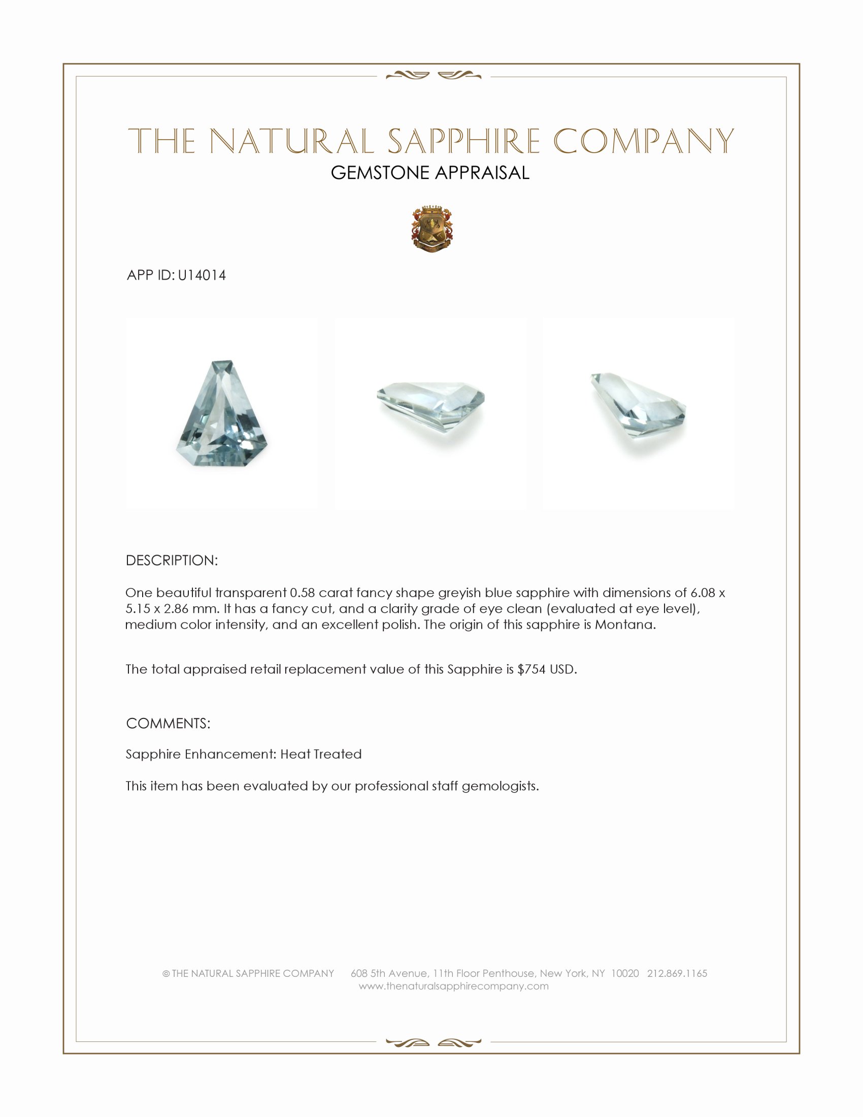 0.58 Ct. Greyish Blue Sapphire from Montana