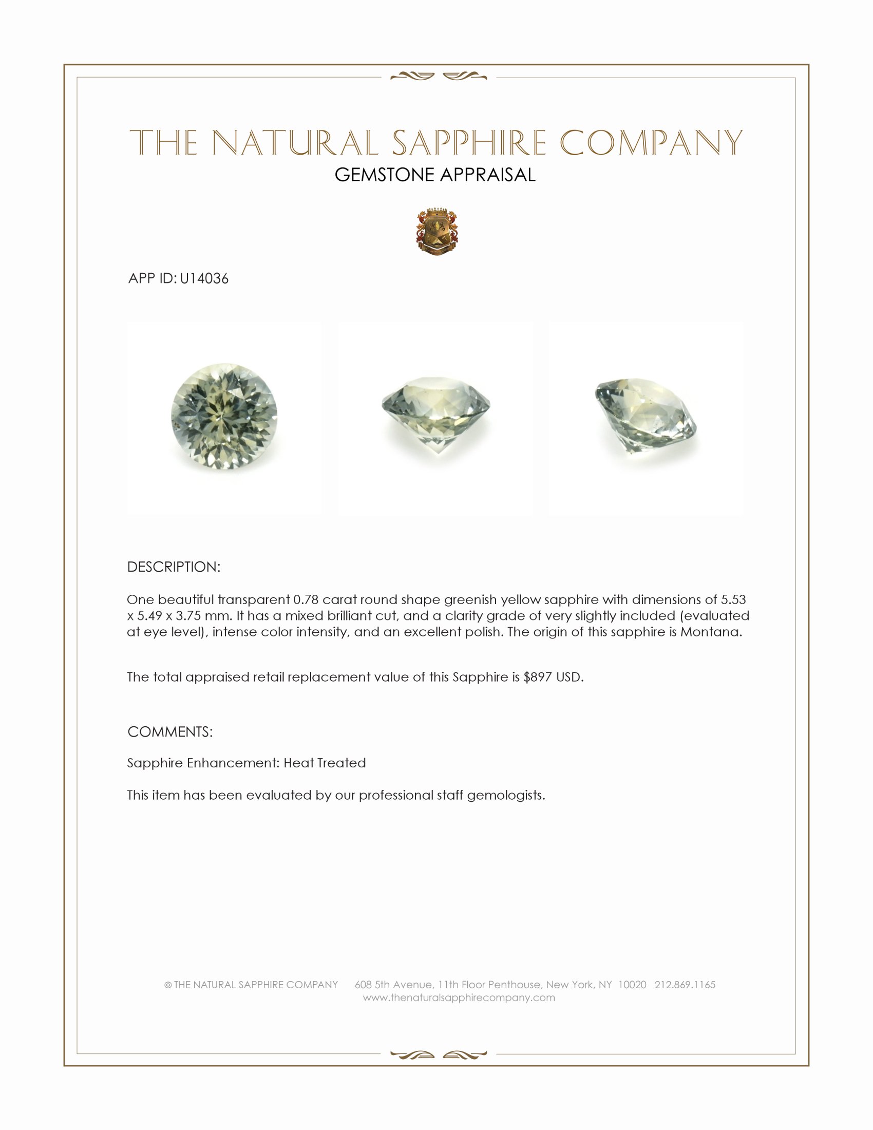 0.78 Ct. Greenish Yellow Sapphire from Montana