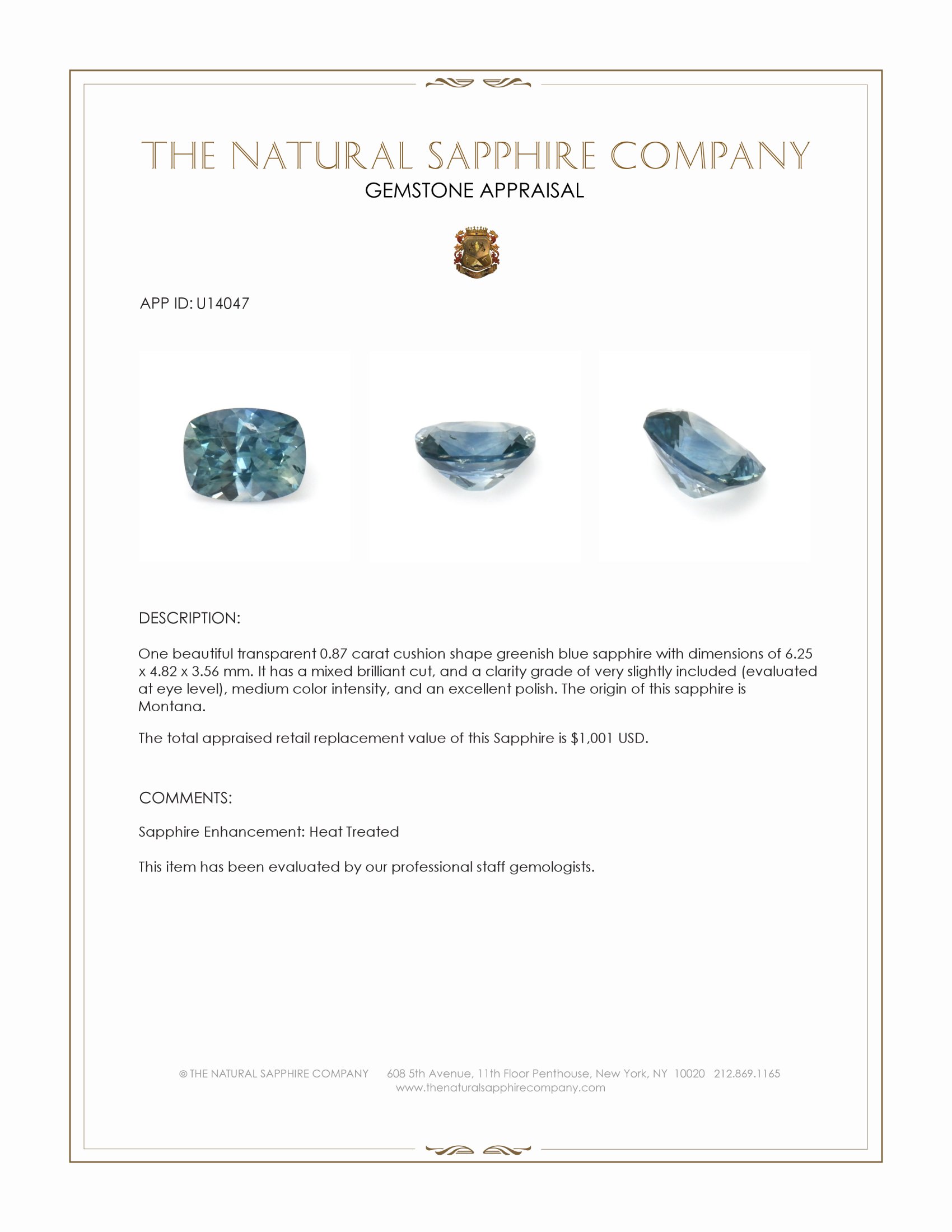 0.87 Ct. Greenish Blue Sapphire from Montana