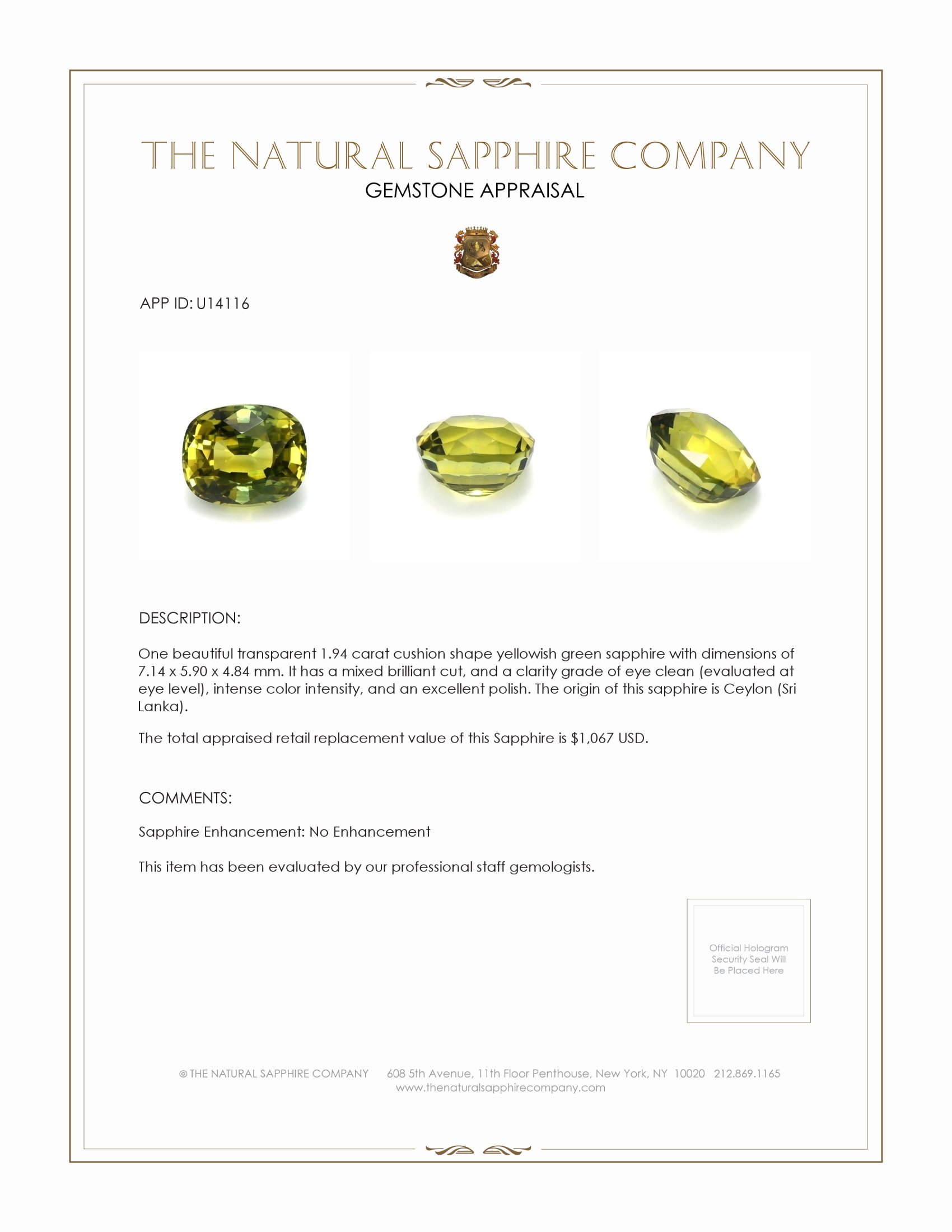 1.94 Ct. Yellowish Green Sapphire from Ceylon (Sri Lanka)