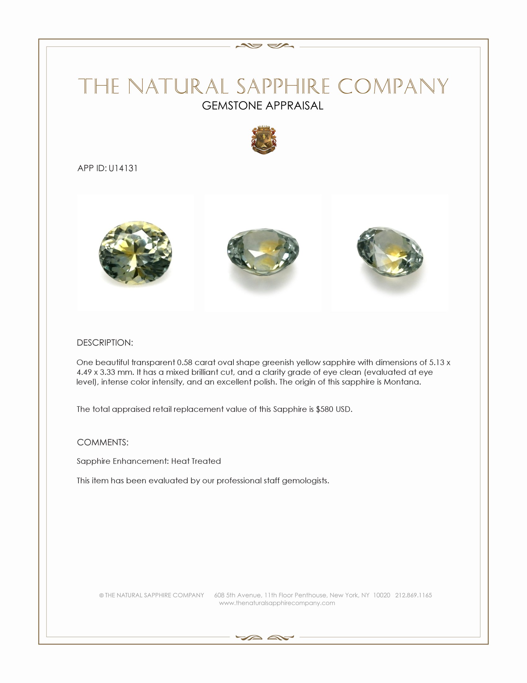 0.58 Ct. Greenish Yellow Sapphire from Montana