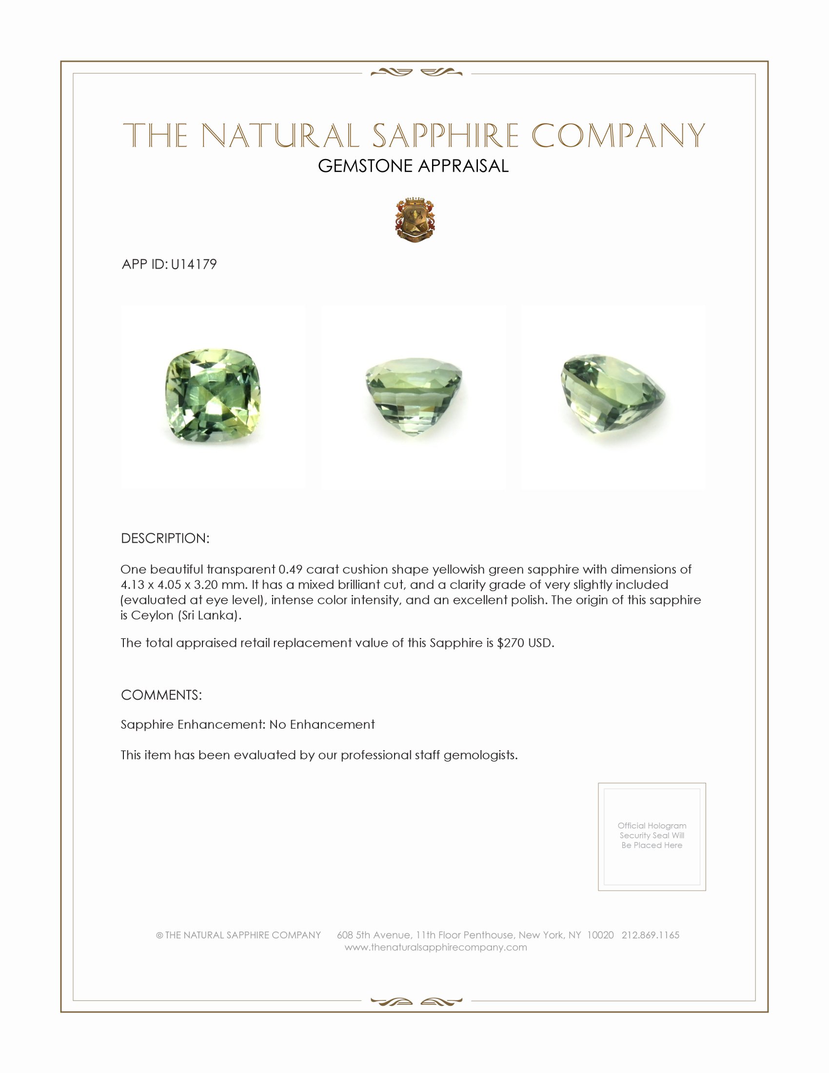 0.49 Ct. Yellowish Green Sapphire from Ceylon (Sri Lanka)