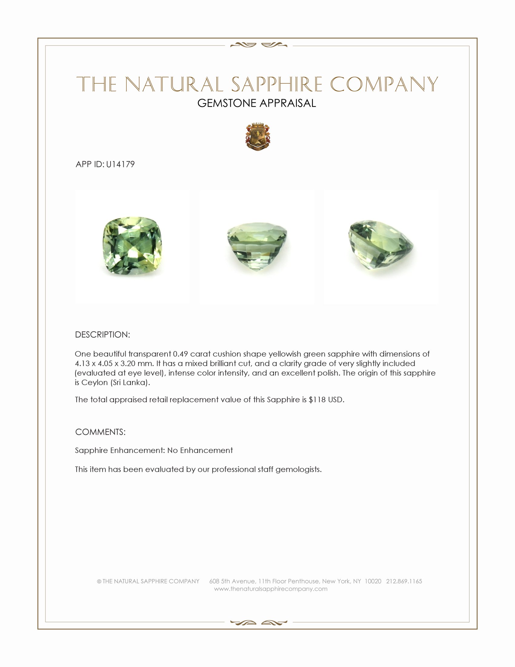 0.49 Ct. Yellowish Green Sapphire from Ceylon (Sri Lanka)