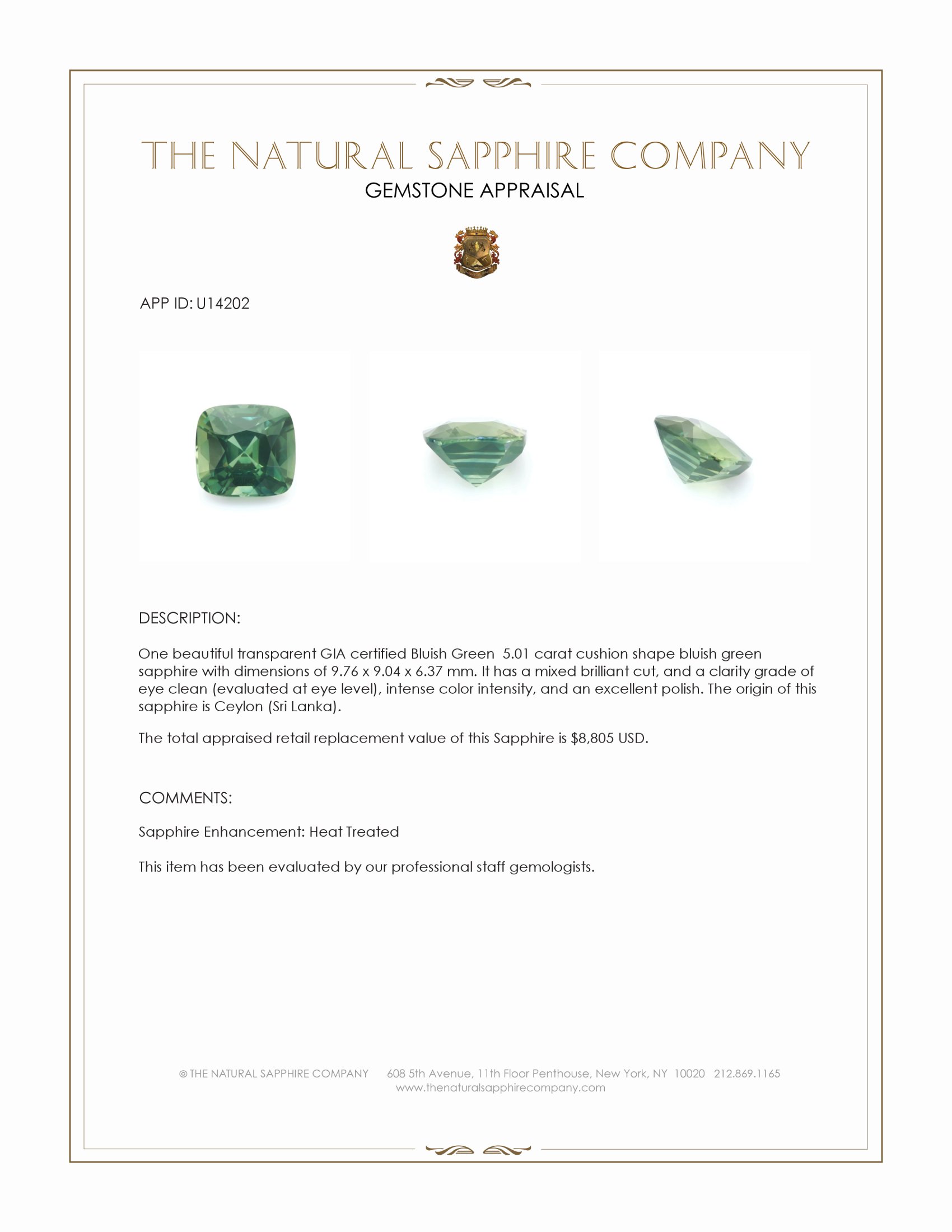 5.01 Ct. Bluish Green Sapphire from Ceylon (Sri Lanka)