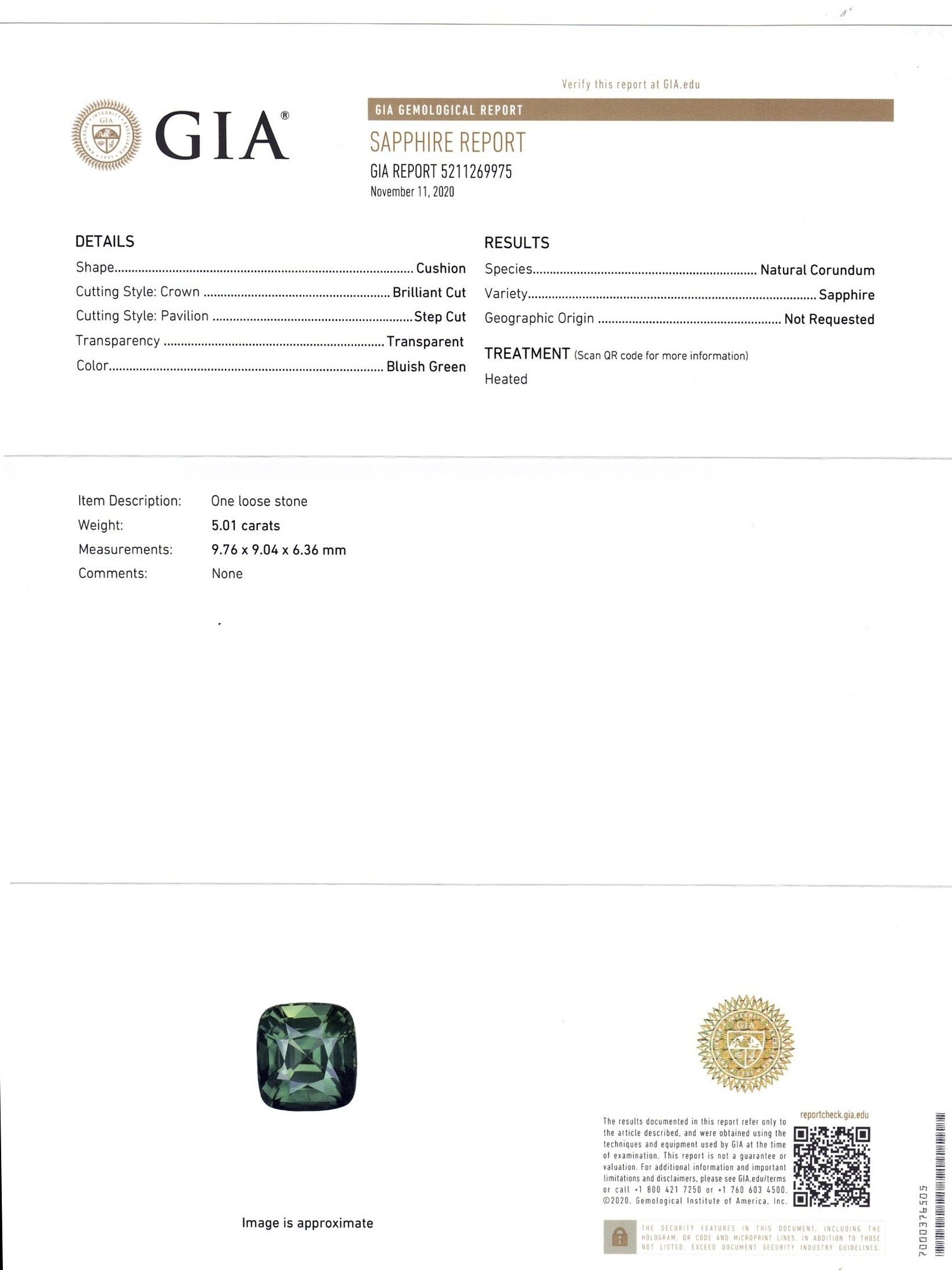 5.01 Ct. Bluish Green Sapphire from Ceylon (Sri Lanka)