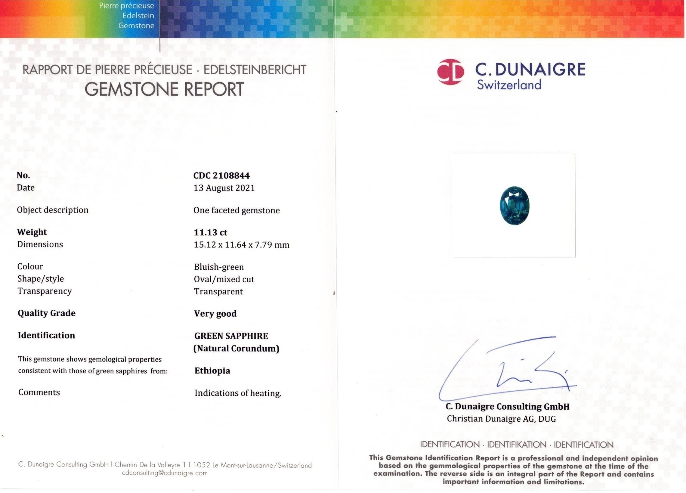 11.13 Ct. Bluish Green Sapphire from Ethiopia