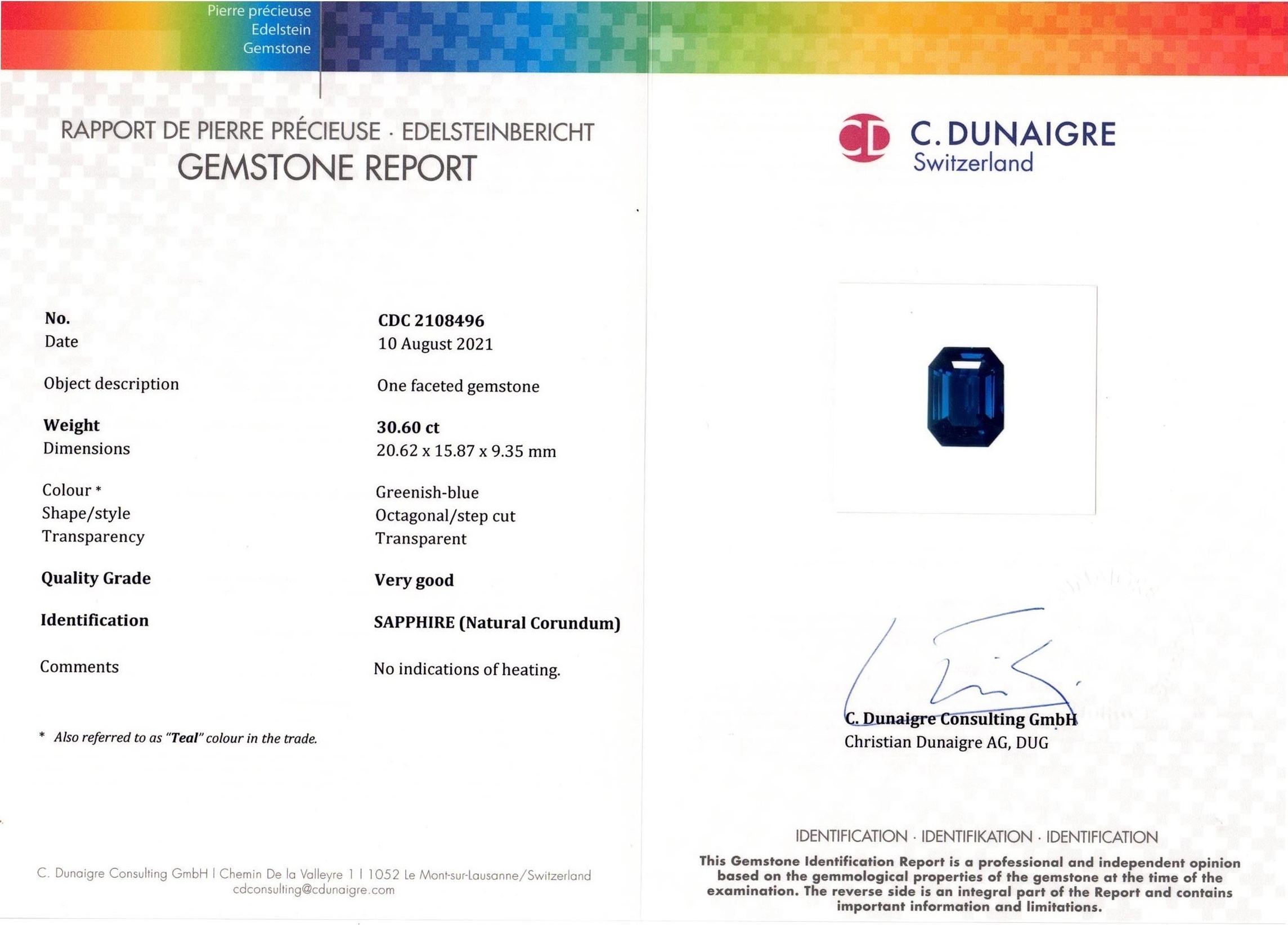 30.60 Ct. Bluish Green Sapphire from Ceylon (Sri Lanka)