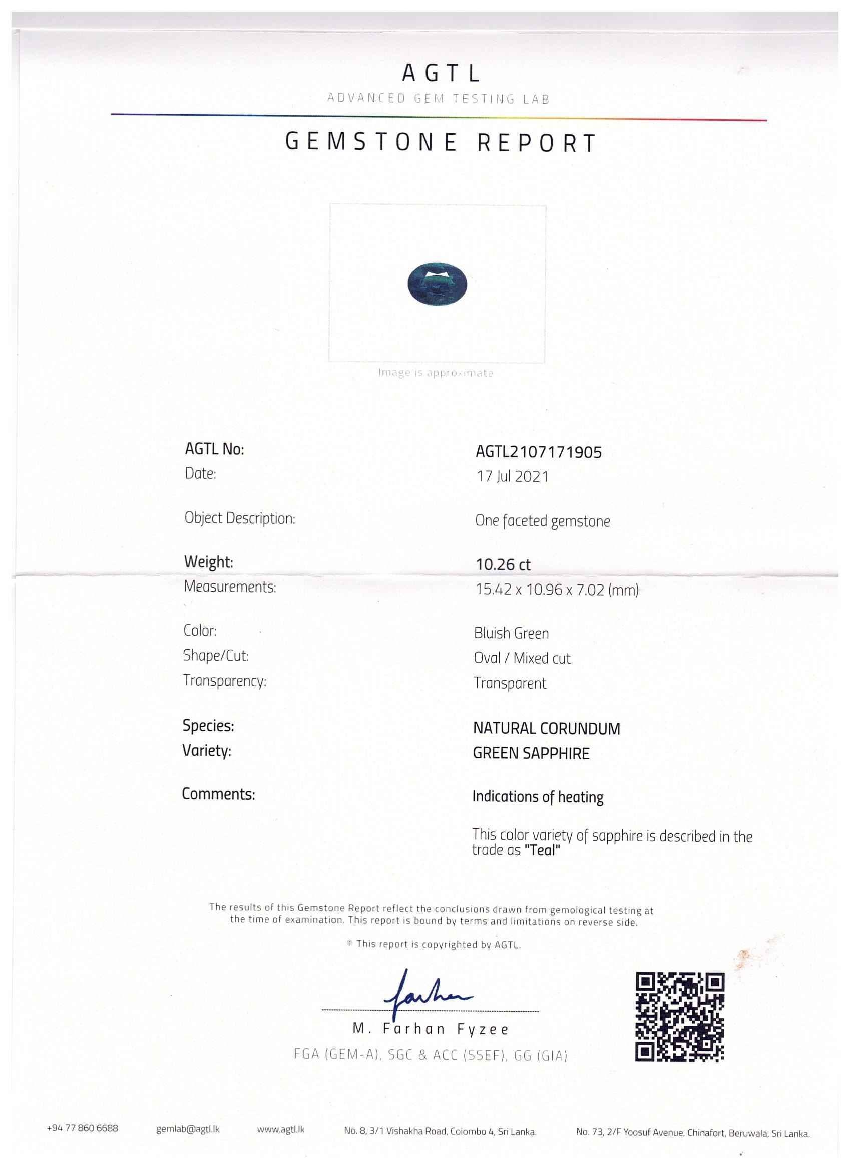 10.26 Ct. Bluish Green Sapphire from Ceylon (Sri Lanka)