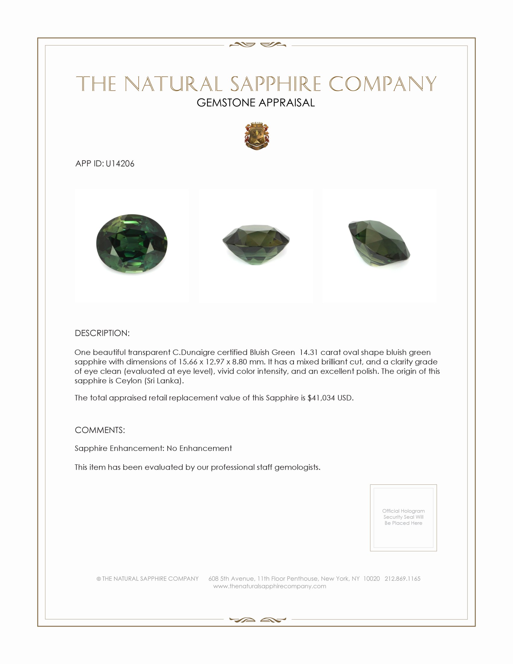 14.31 Ct. Bluish Green Sapphire from Ceylon (Sri Lanka)