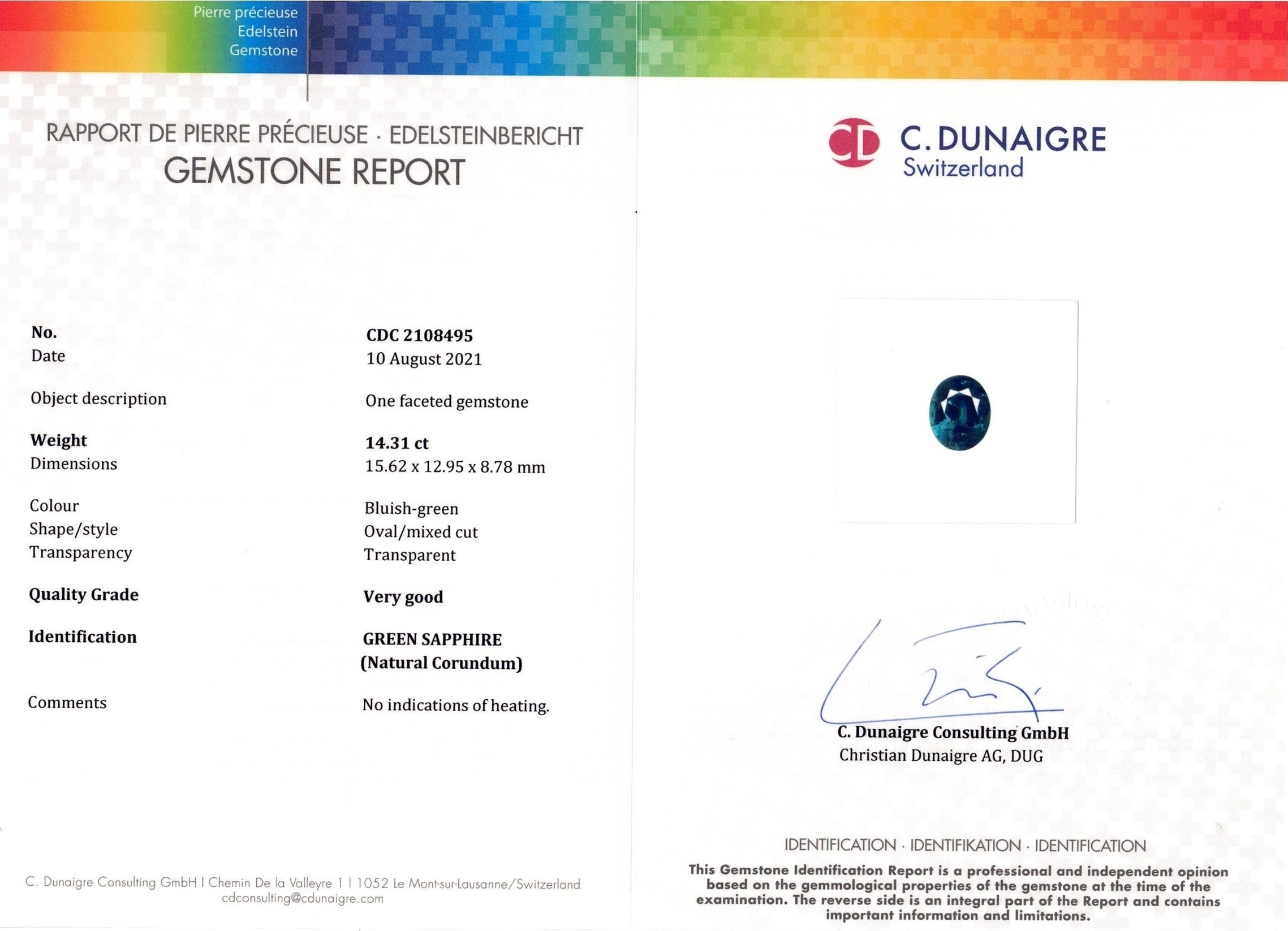 14.31 Ct. Bluish Green Sapphire from Ceylon (Sri Lanka)