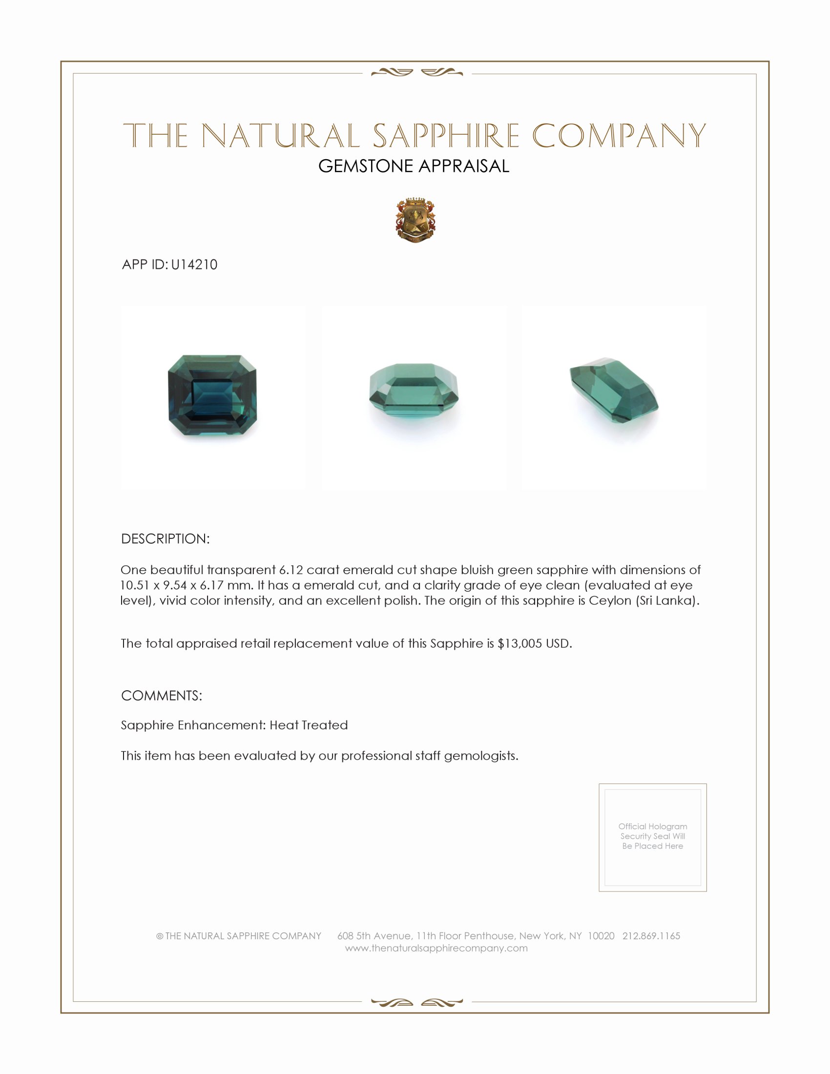 6.12 Ct. Bluish Green Sapphire from Ceylon (Sri Lanka)