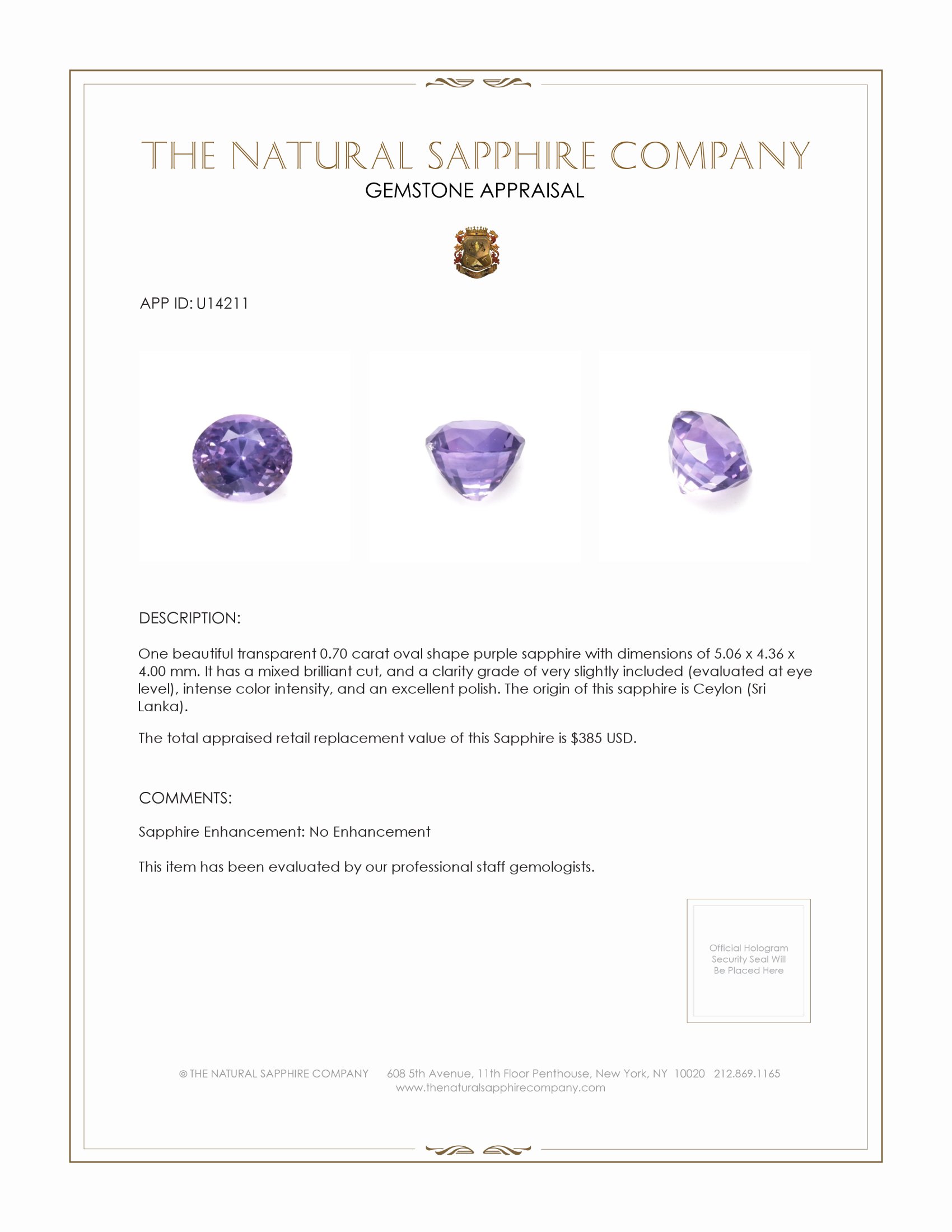 0.70 Ct. Purple Sapphire from Ceylon (Sri Lanka)