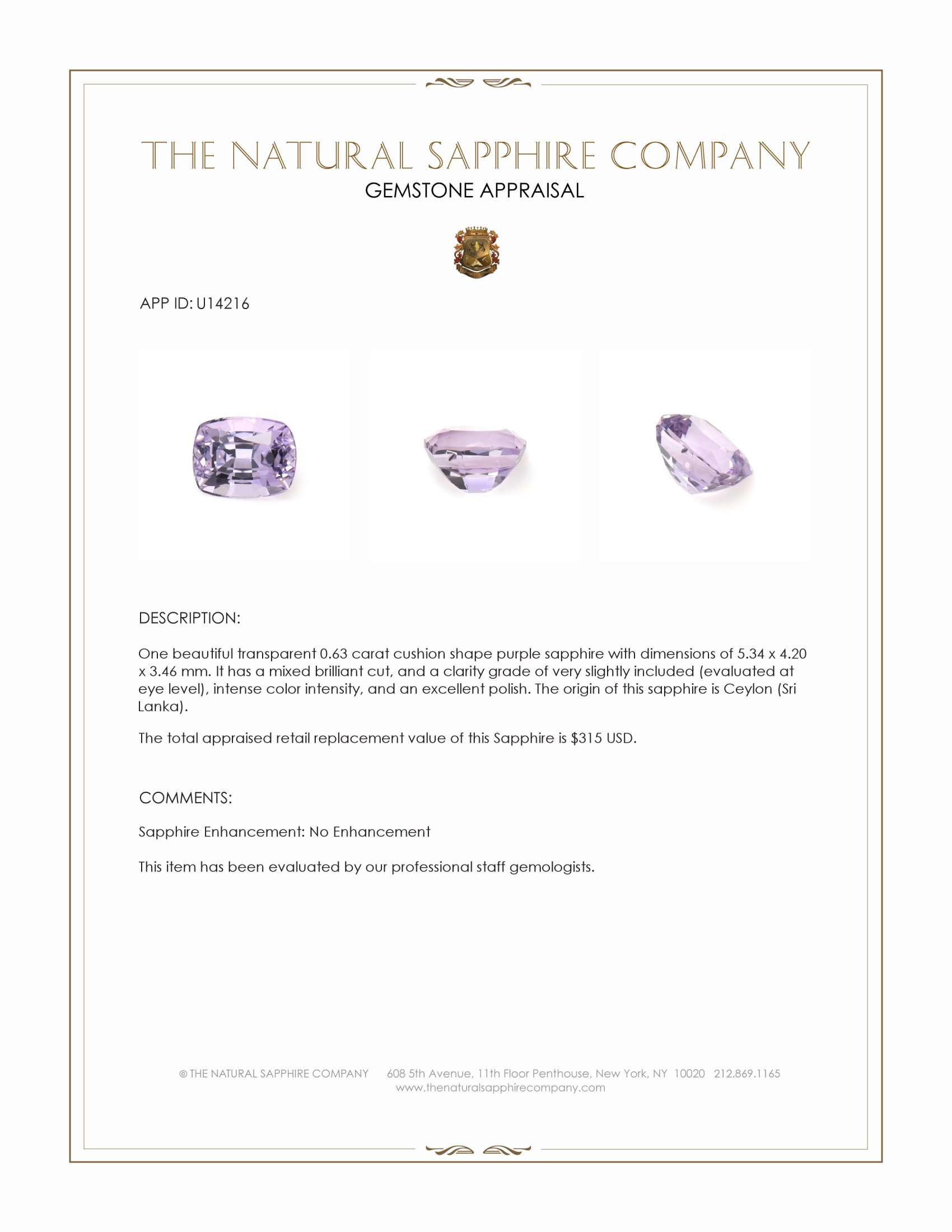 0.63 Ct. Purple Sapphire from Ceylon (Sri Lanka)