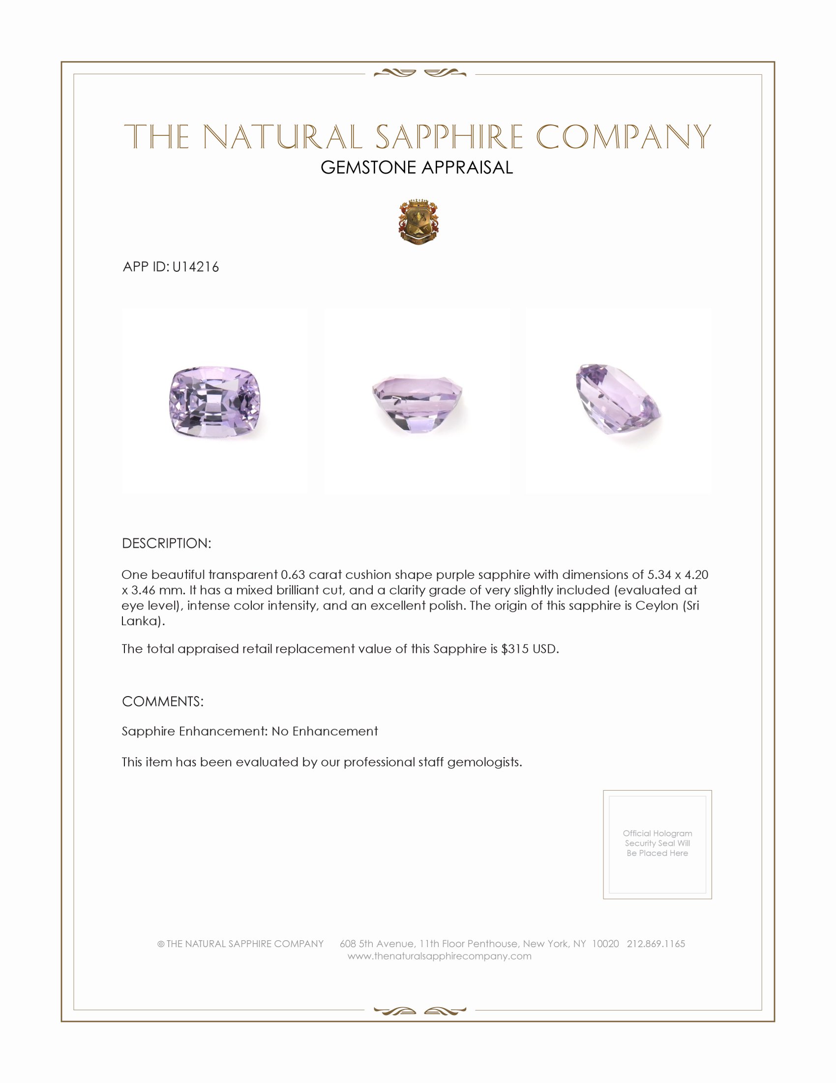 0.63 Ct. Purple Sapphire from Ceylon (Sri Lanka)