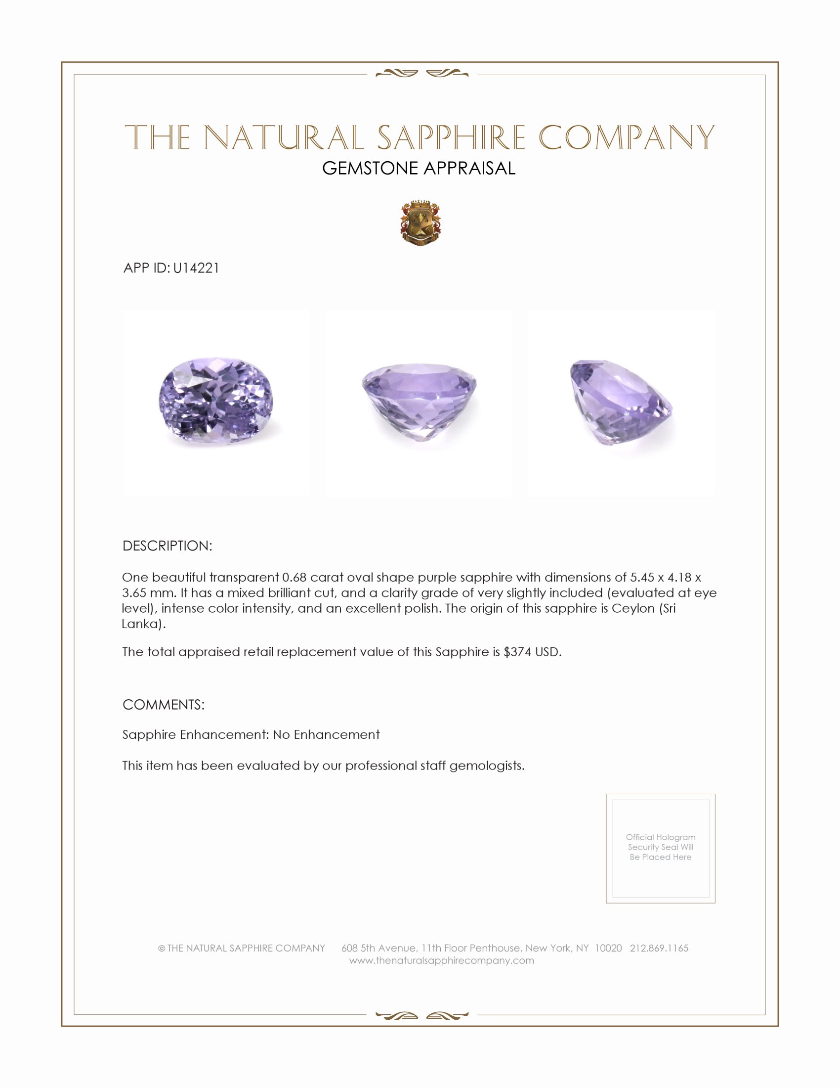 0.68 Ct. Purple Sapphire from Ceylon (Sri Lanka)