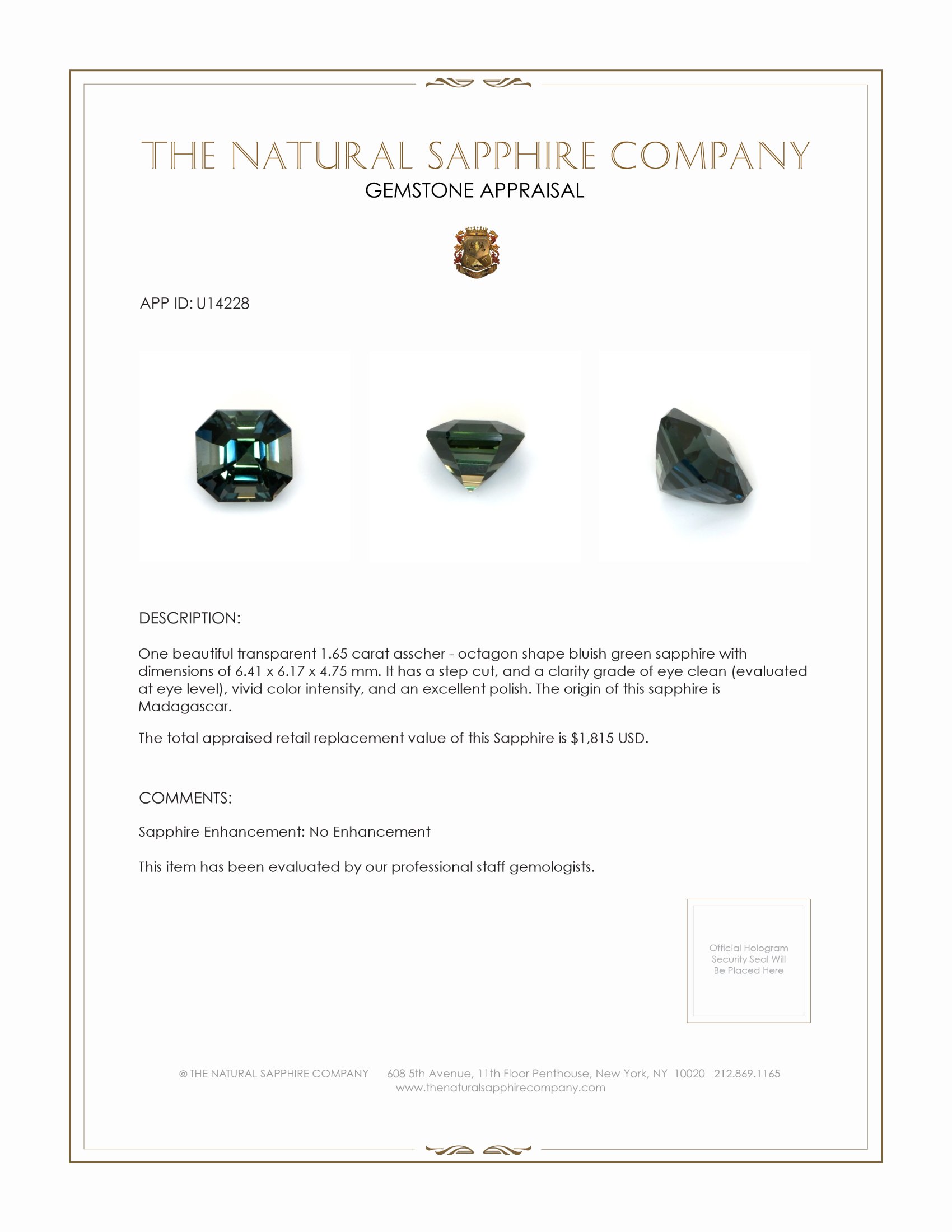 1.65 Ct. Bluish Green Sapphire from Madagascar