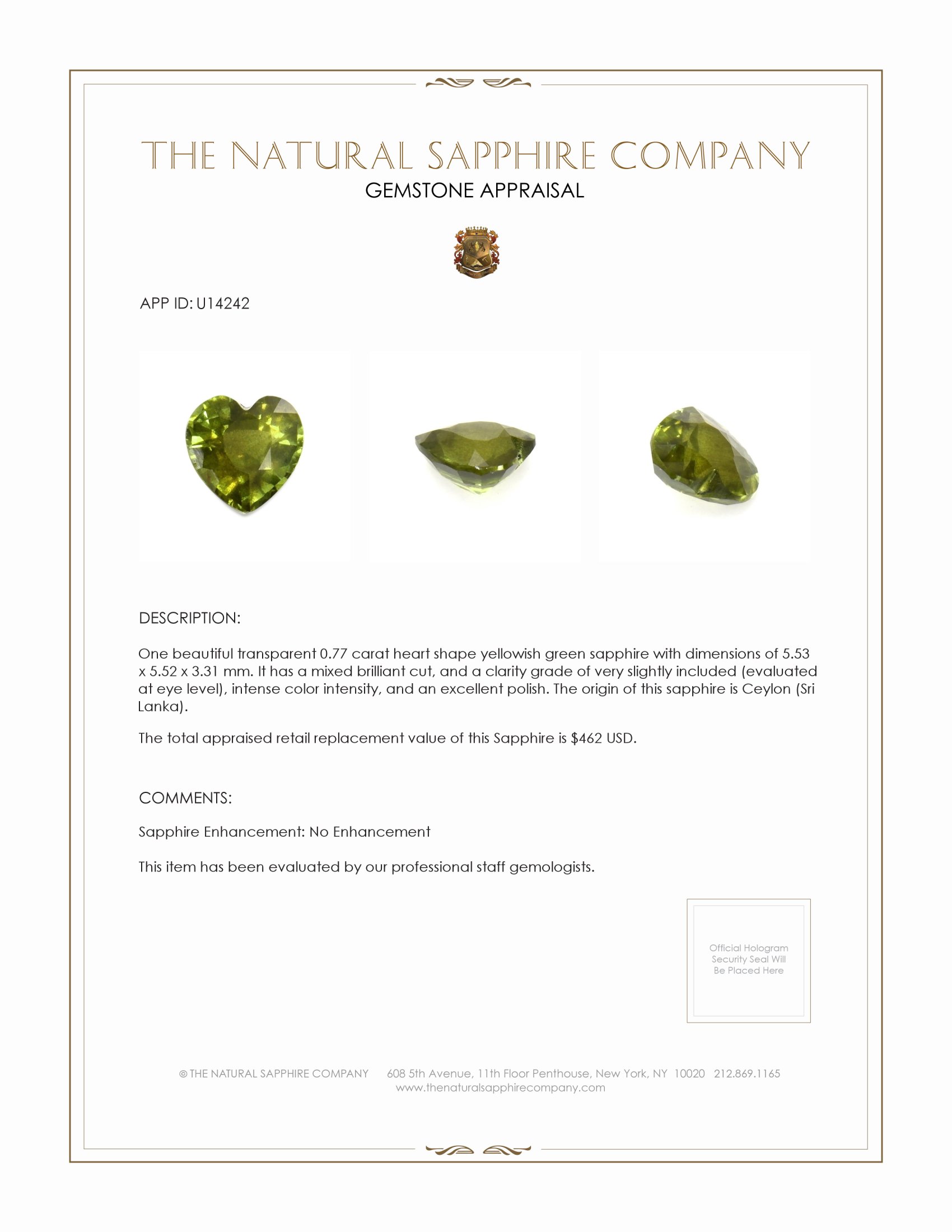 0.77 Ct. Yellowish Green Sapphire from Ceylon (Sri Lanka)