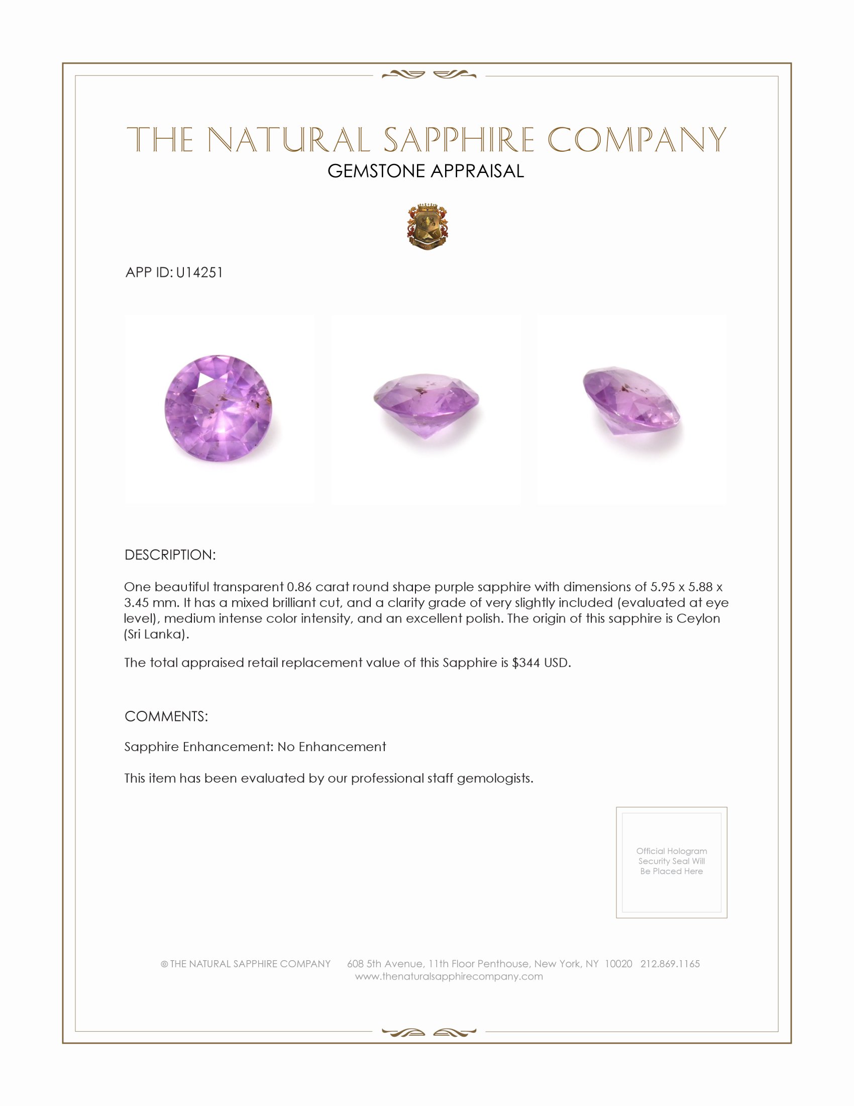 0.86 Ct. Purple Sapphire from Ceylon (Sri Lanka)