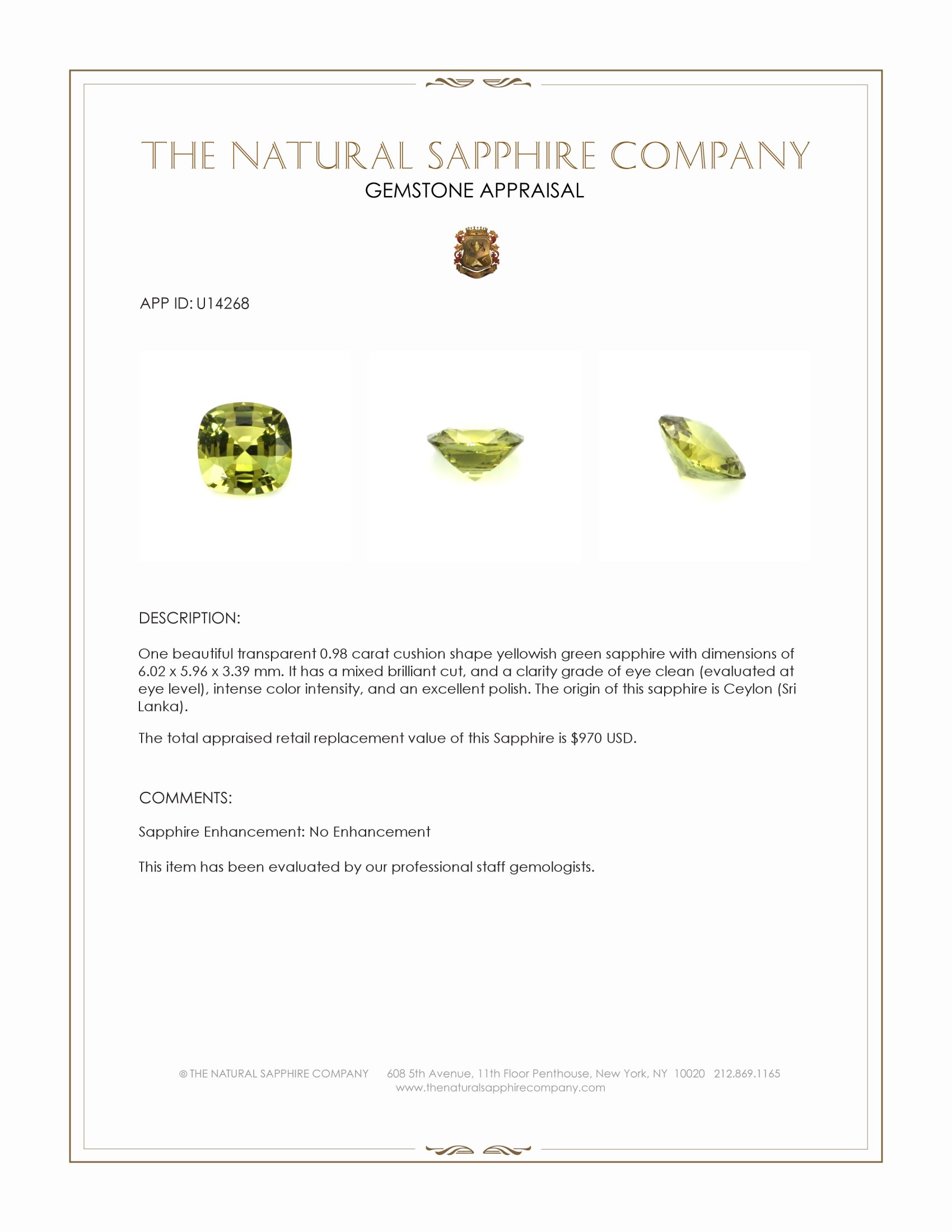 0.98 Ct. Yellowish Green Sapphire from Ceylon (Sri Lanka)