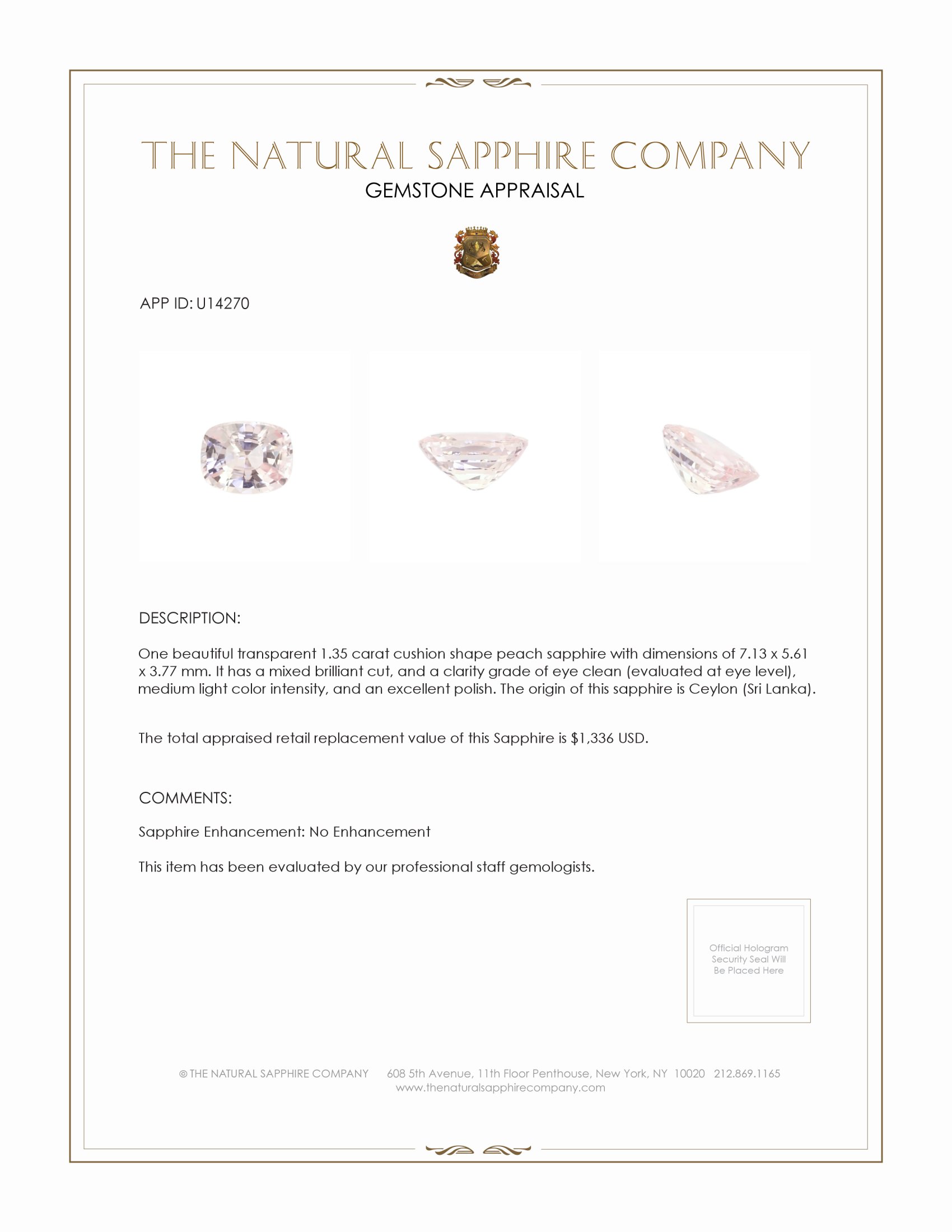 1.35 Ct. Peach Sapphire from Ceylon (Sri Lanka)