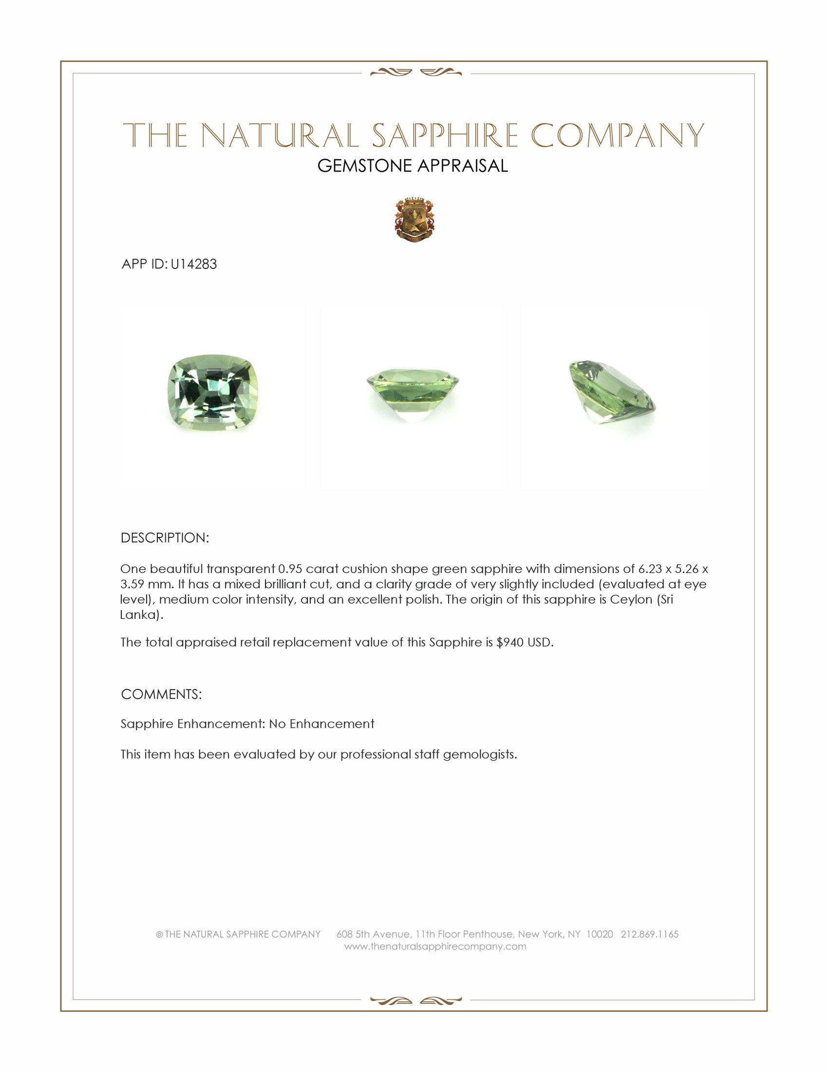 0.95 Ct. Green Sapphire from Ceylon (Sri Lanka)