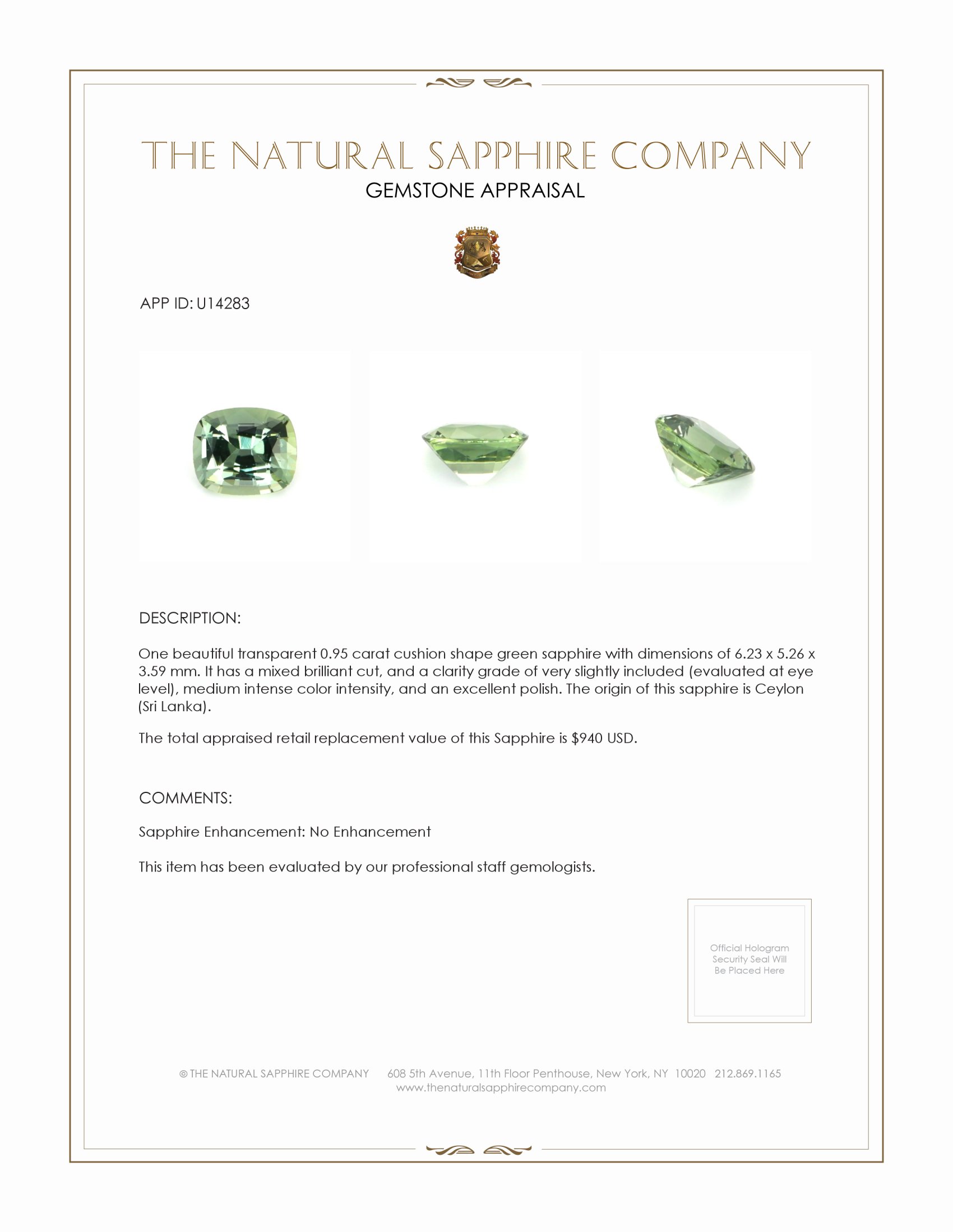 0.95 Ct. Green Sapphire from Ceylon (Sri Lanka)