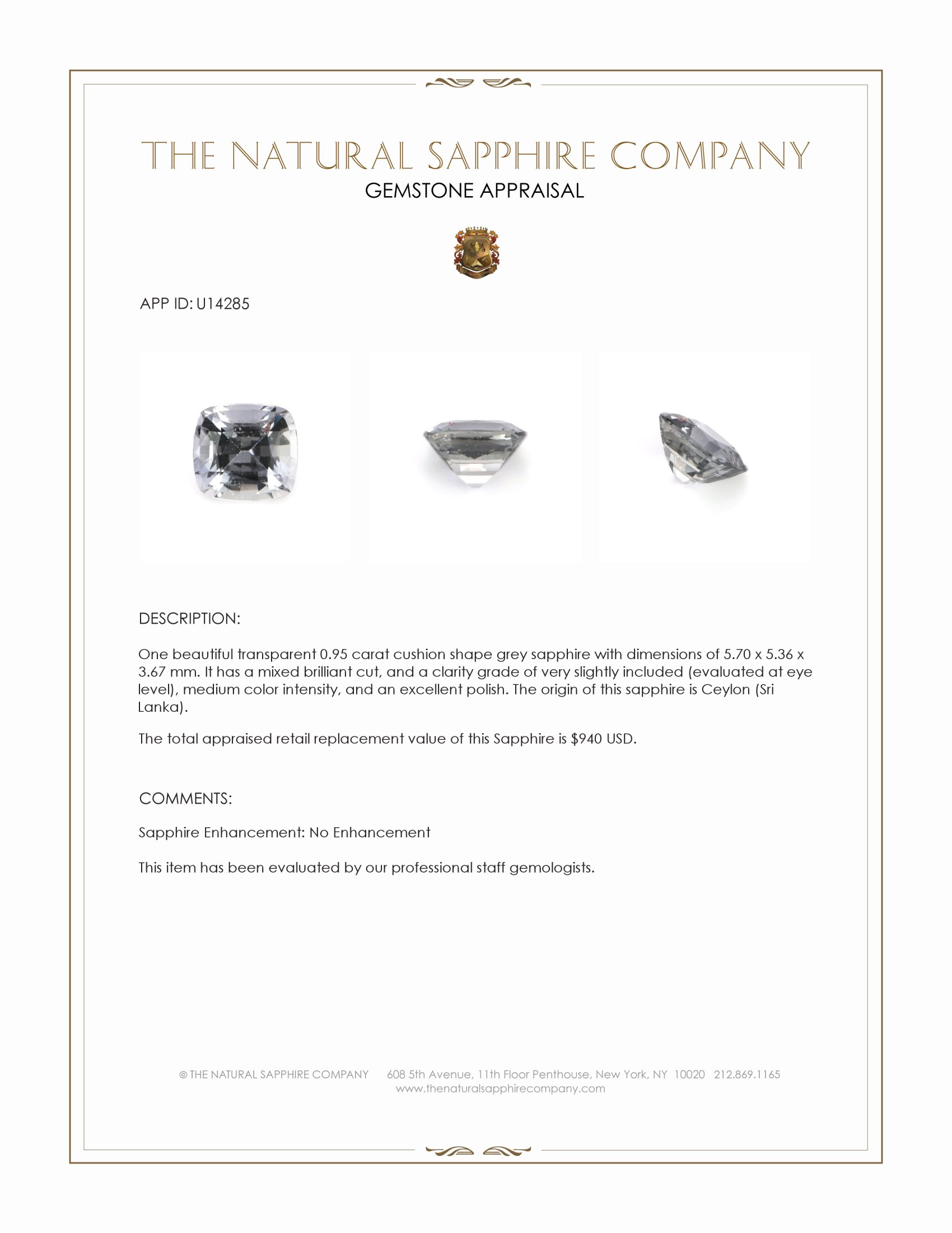 0.95 Ct. Grey Sapphire from Ceylon (Sri Lanka)