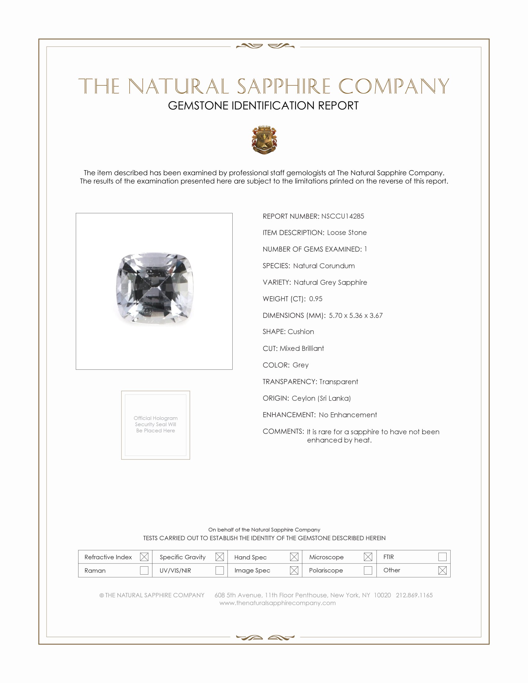 0.95 Ct. Grey Sapphire from Ceylon (Sri Lanka)