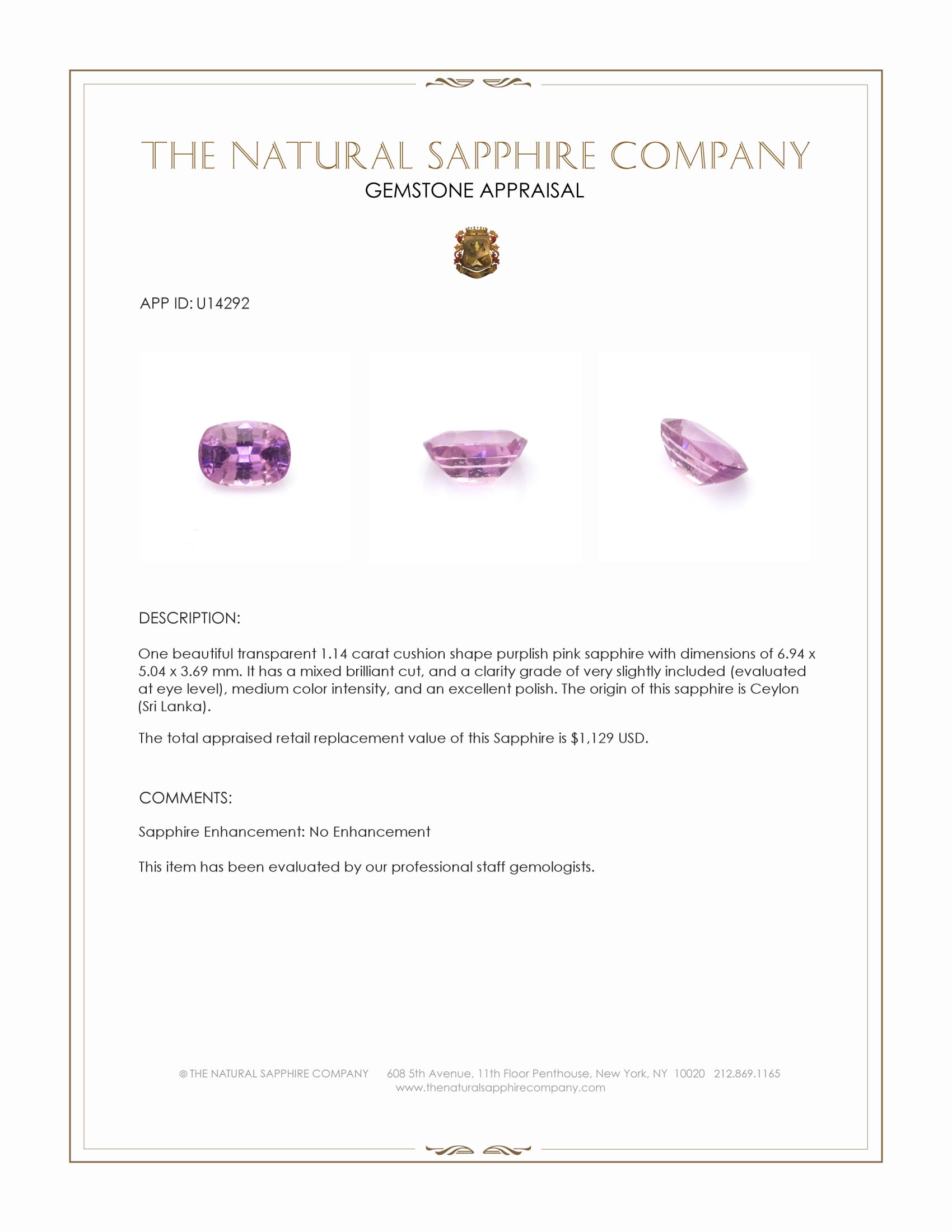1.14 Ct. Purplish Pink Sapphire from Ceylon (Sri Lanka)