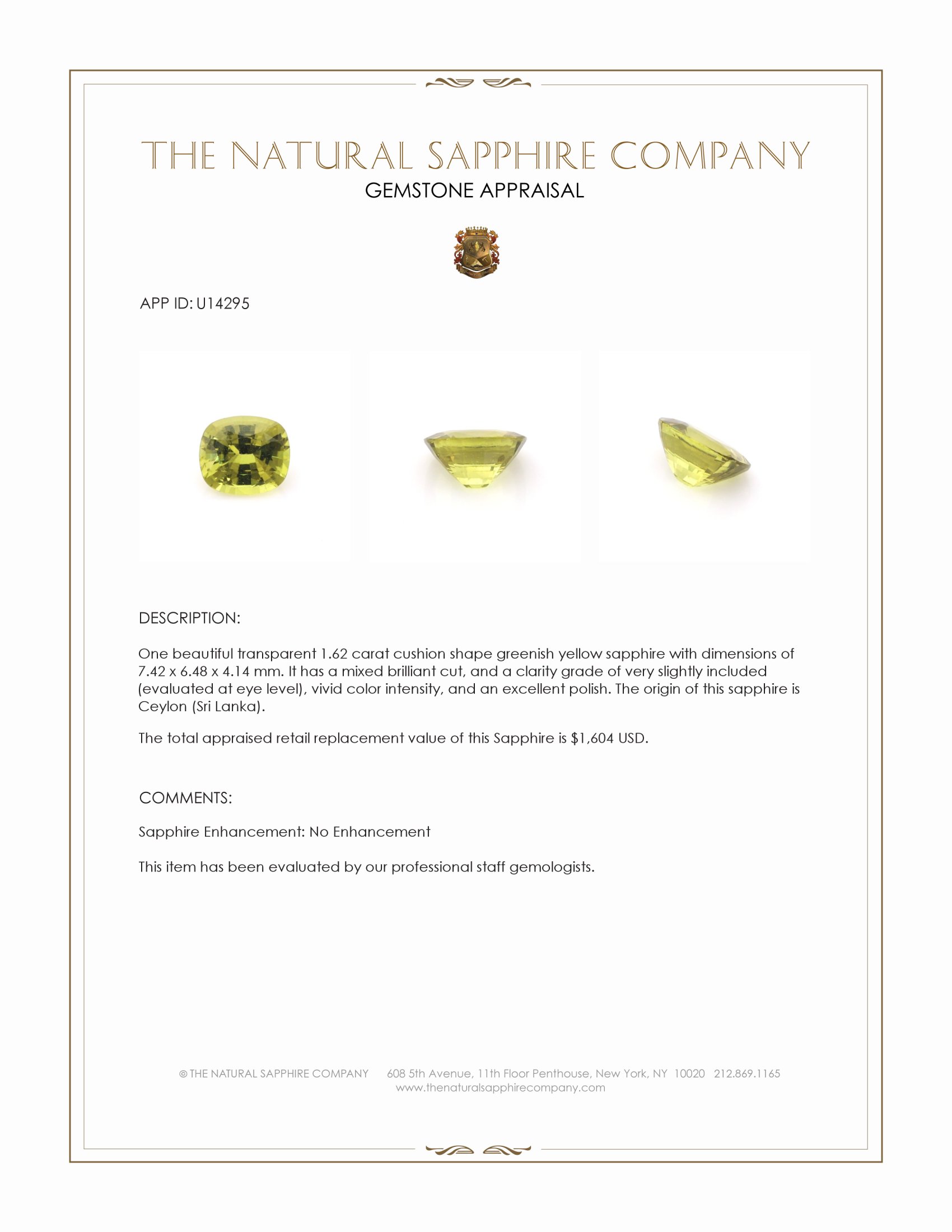 1.62 Ct. Greenish Yellow Sapphire from Ceylon (Sri Lanka)