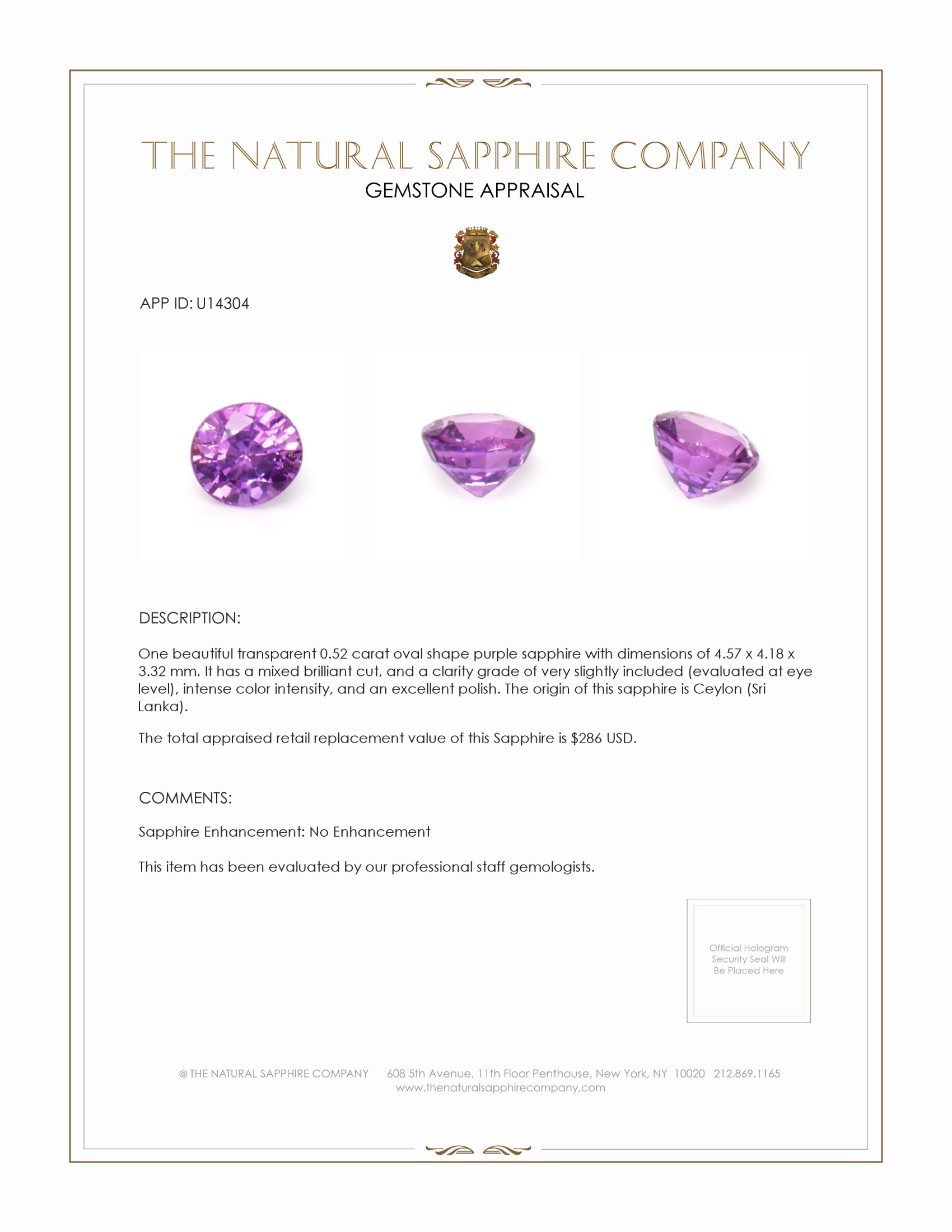 0.52 Ct. Purple Sapphire from Ceylon (Sri Lanka)