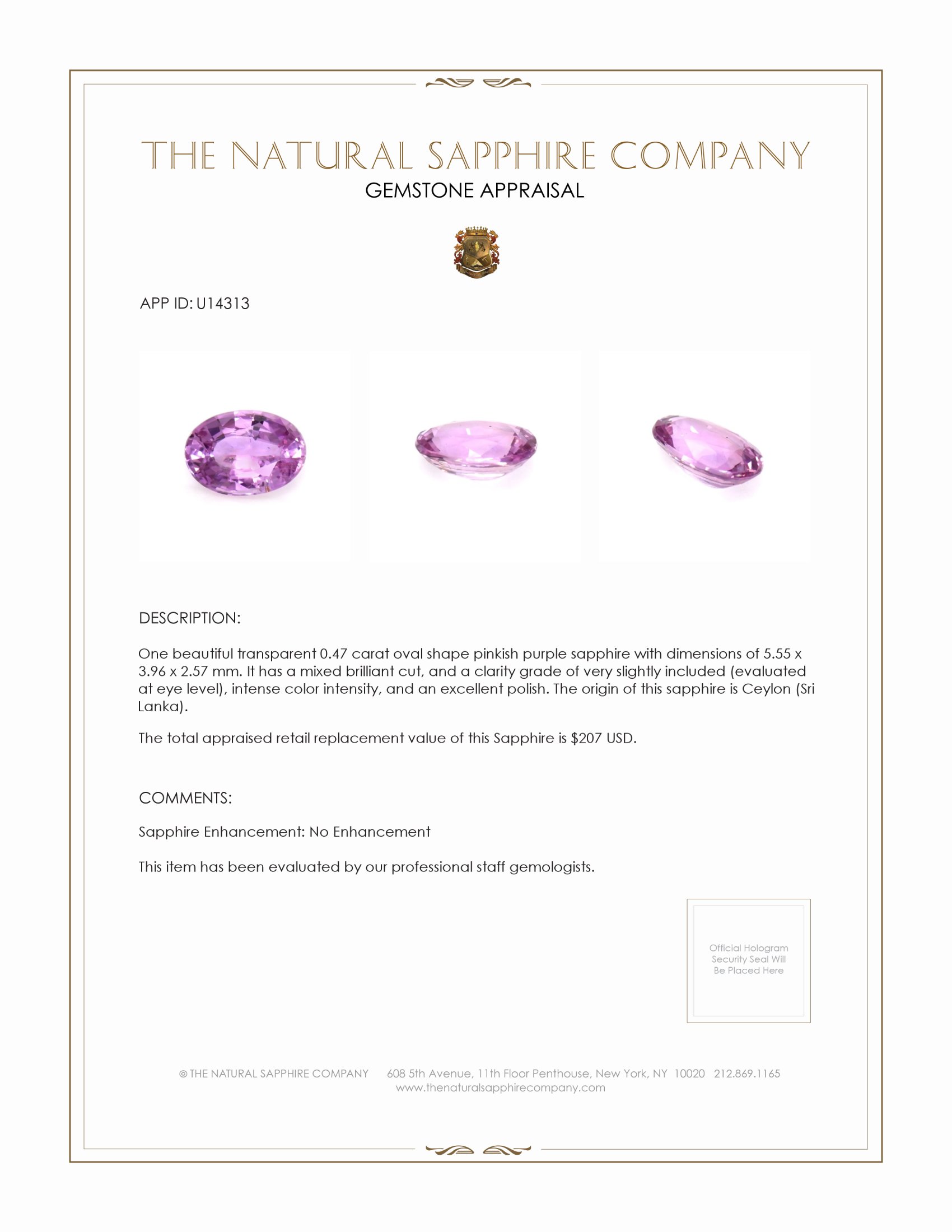 0.47 Ct. Pinkish Purple Sapphire from Ceylon (Sri Lanka)