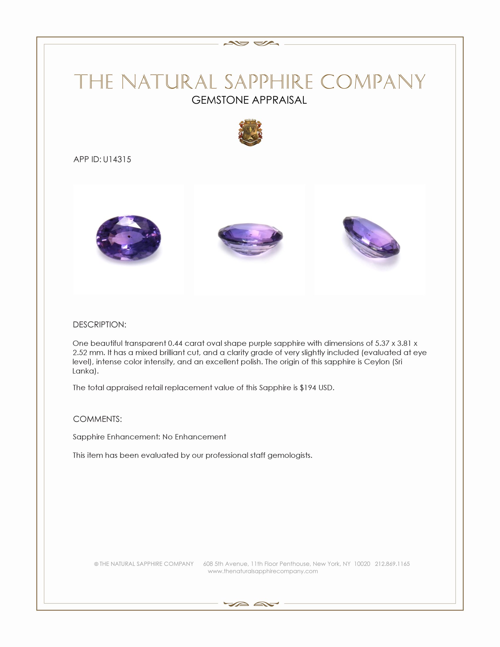 0.44 Ct. Purple Sapphire from Ceylon (Sri Lanka)