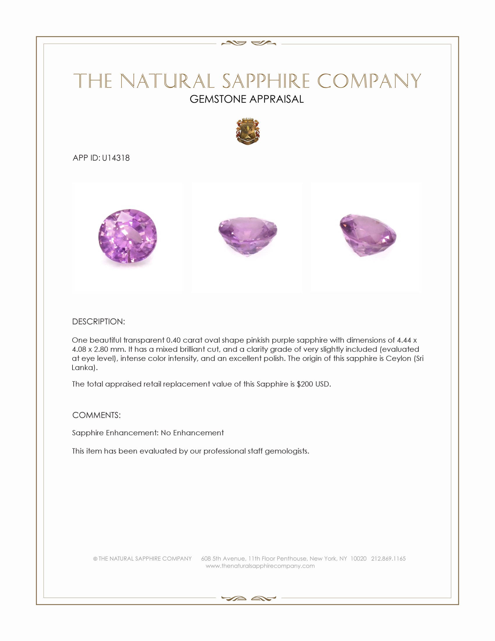 0.40 Ct. Pinkish Purple Sapphire from Ceylon (Sri Lanka)