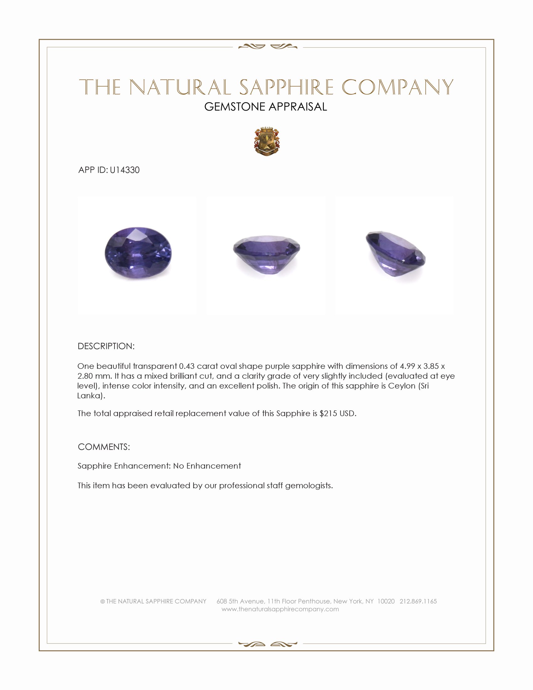 0.43 Ct. Purple Sapphire from Ceylon (Sri Lanka)