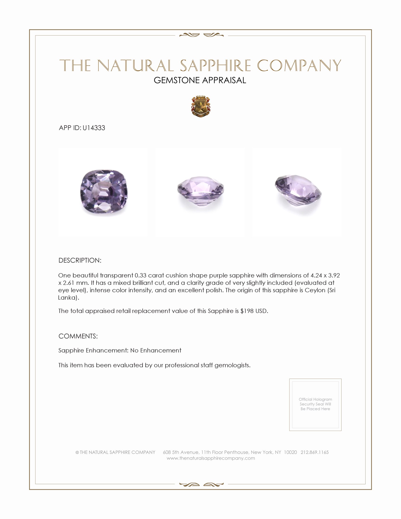 0.33 Ct. Purple Sapphire from Ceylon (Sri Lanka)