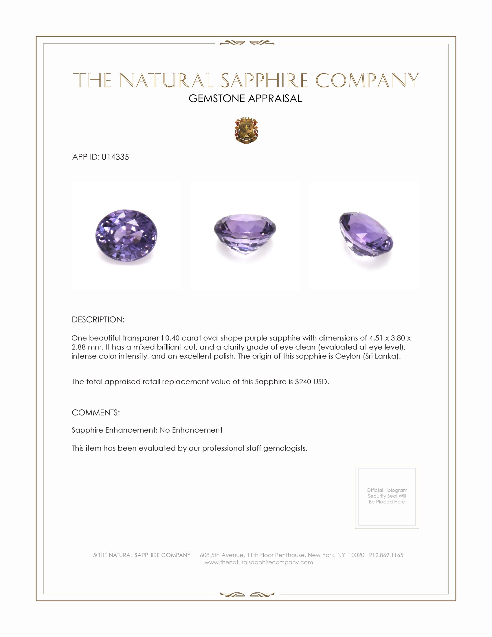 0.40 Ct. Purple Sapphire from Ceylon (Sri Lanka)